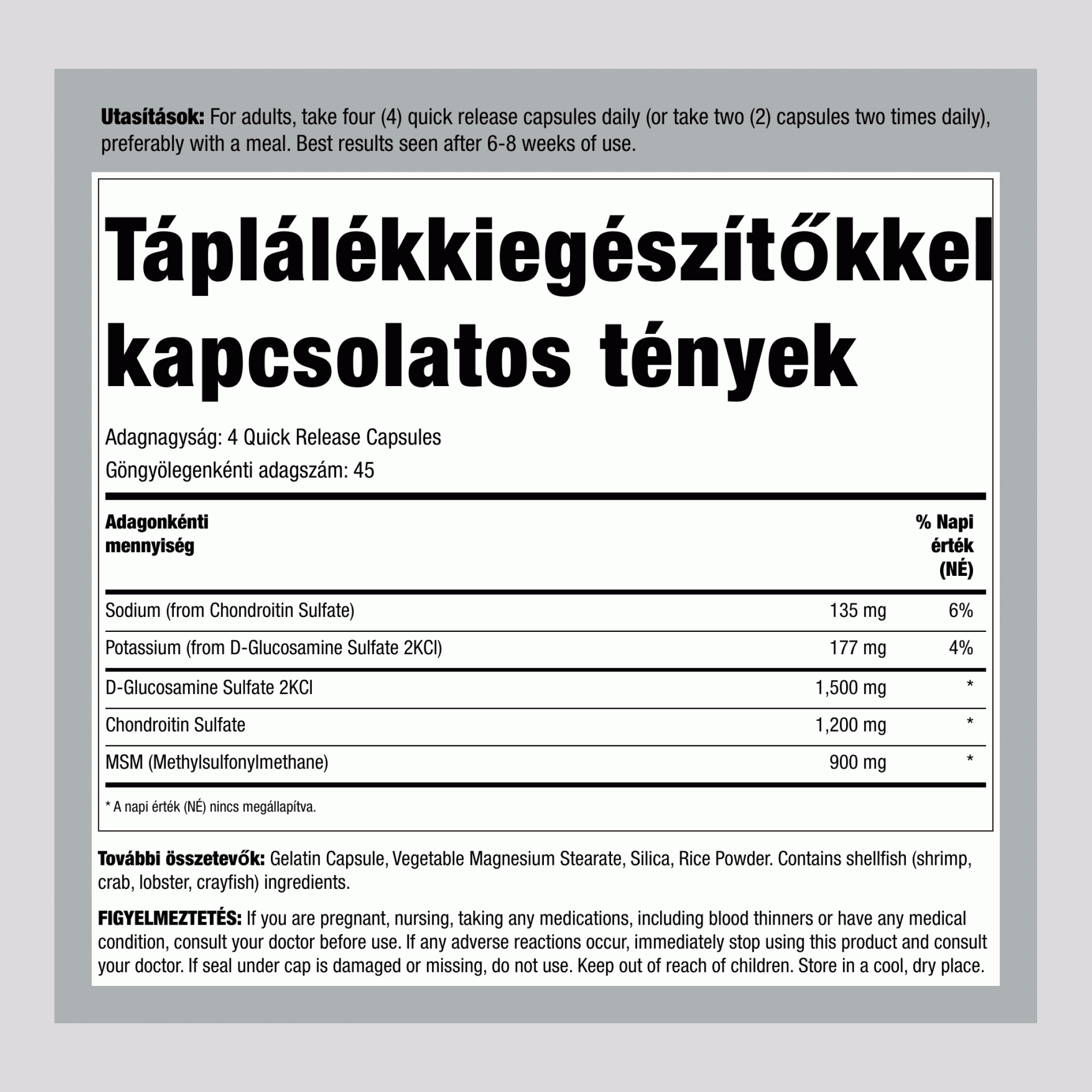 Glükózamin-kondroitin és MSM 180 Gyorsan oldódó kapszula 2 Palackok      