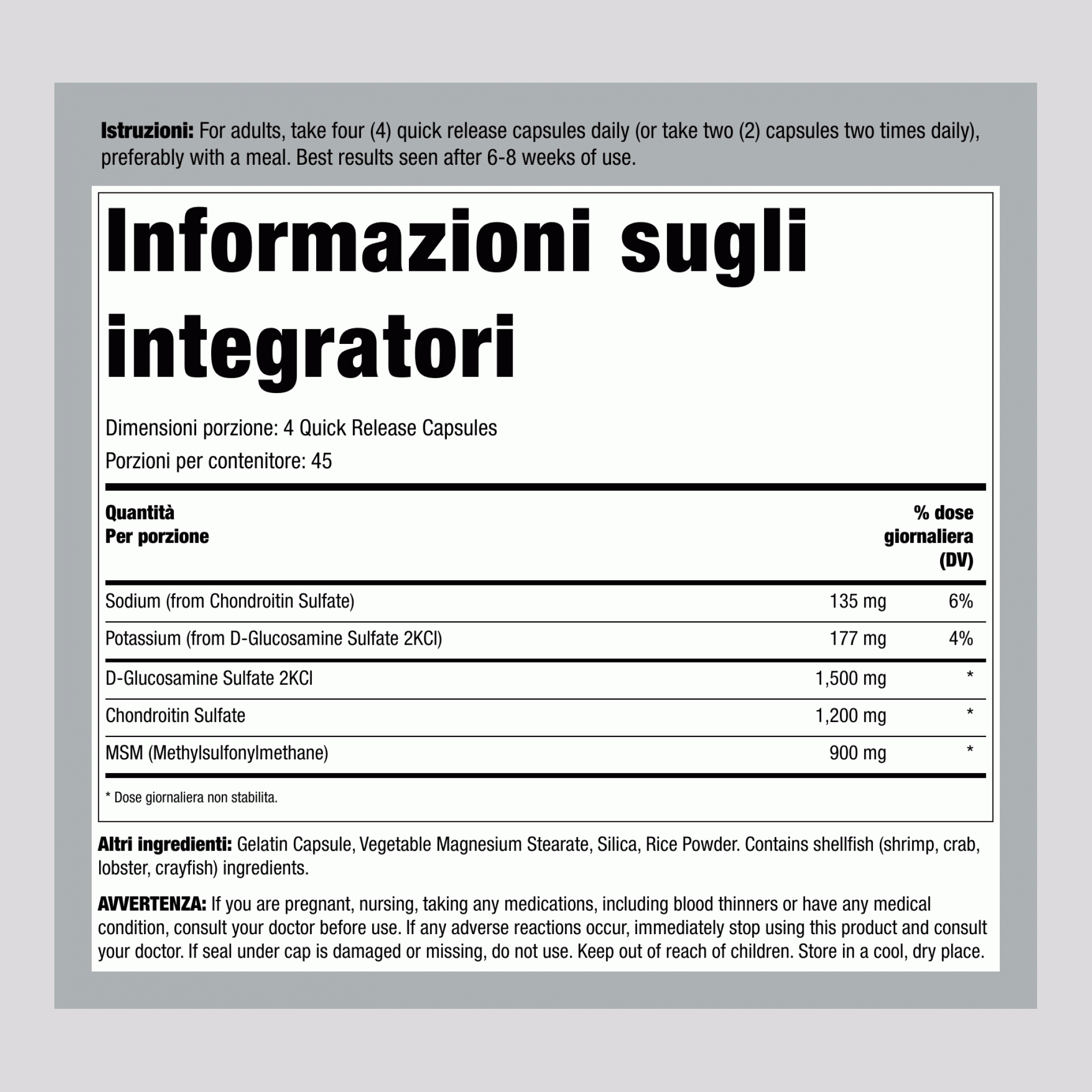 Condoitrina Glucosamina e MSM 180 Capsule a rilascio rapido 2 Bottiglie      