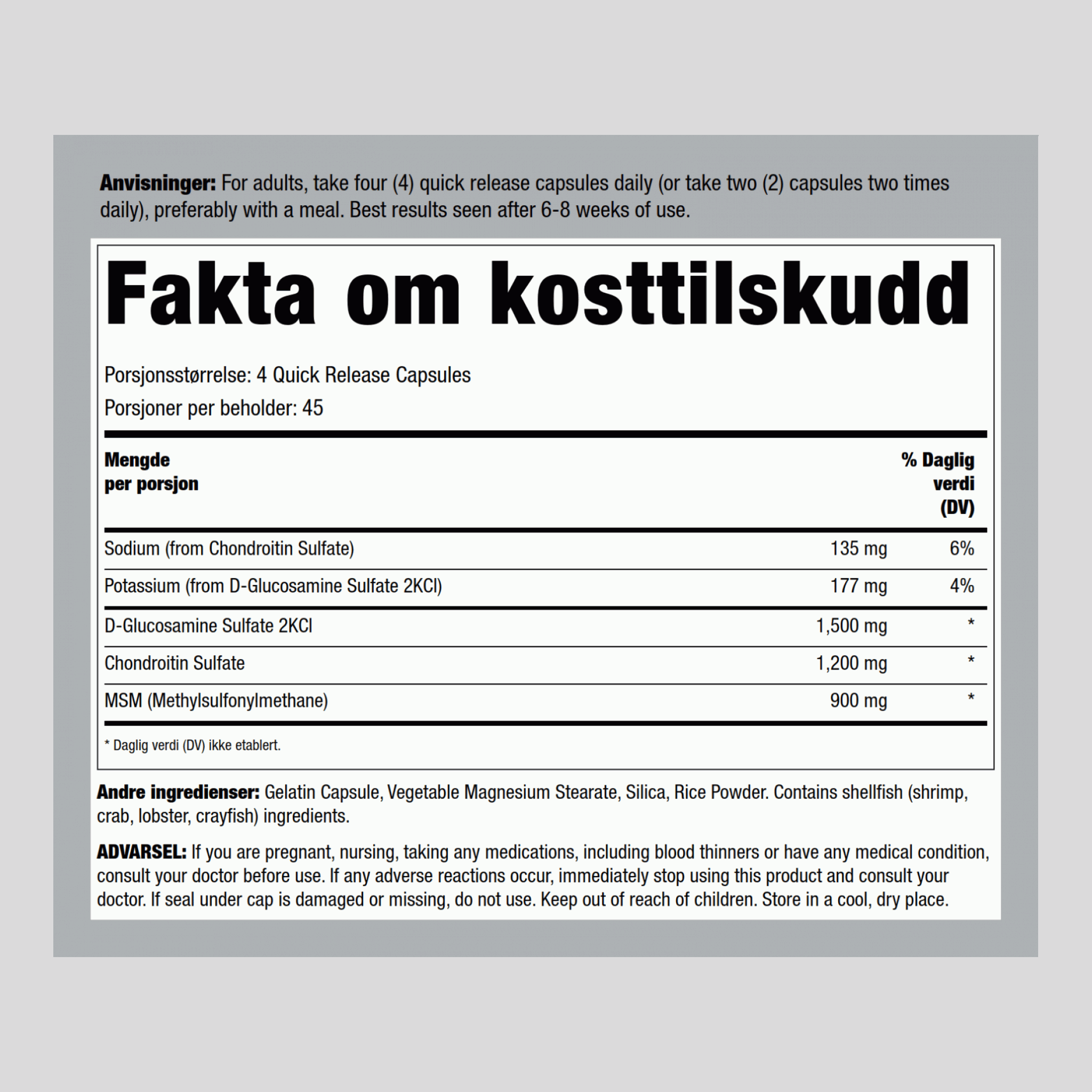 Glucosamin Chondroitin og MSM 180 Hurtigvirkende kapsler 2 Flasker      