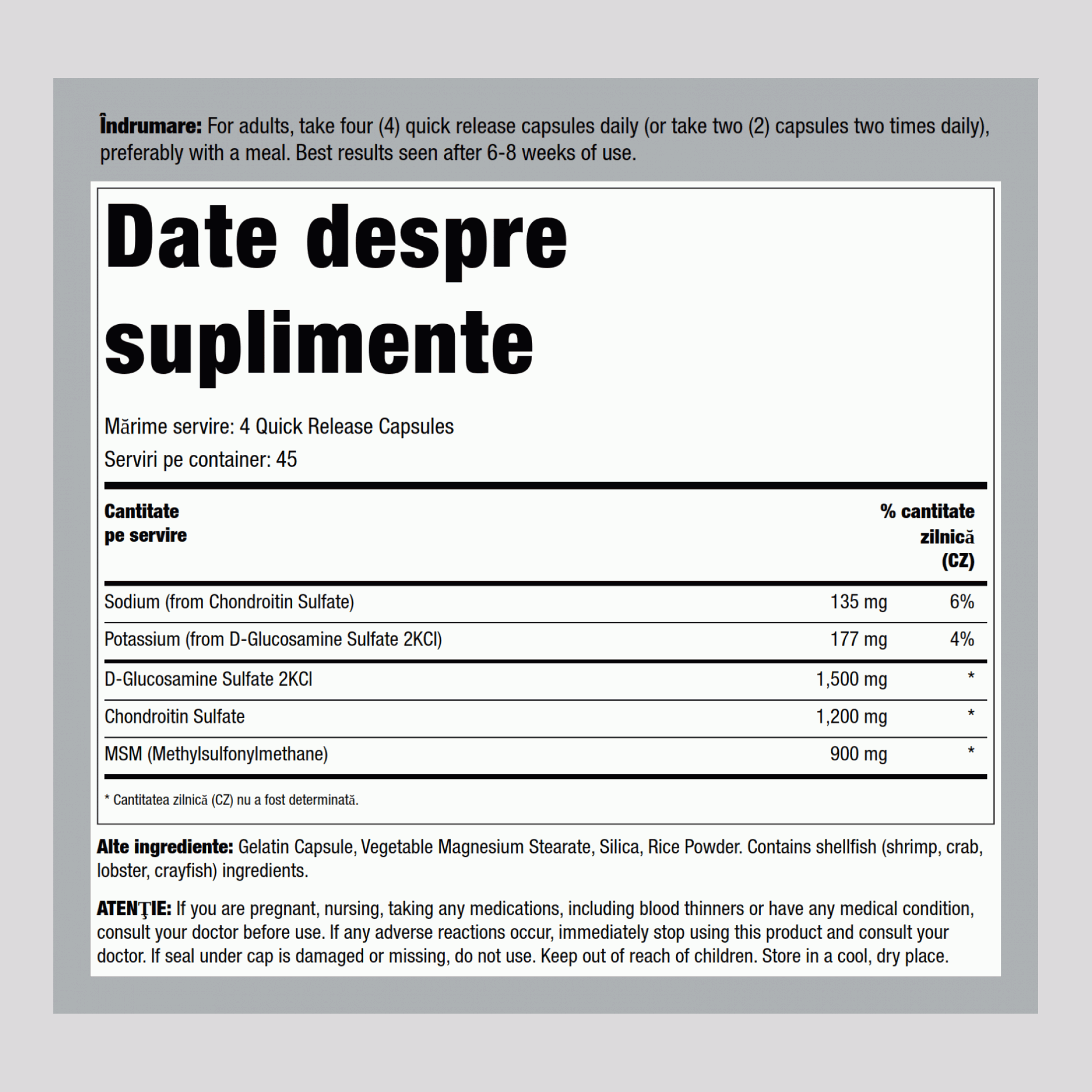 Glucozamină Condroitină şi MSM 180 Capsule cu eliberare rapidă 2 Sticle      