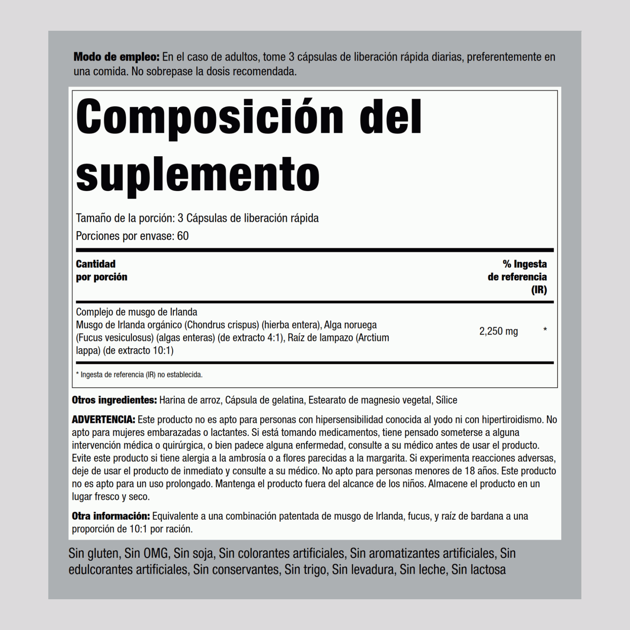 Complejo de musgo de Irlanda con fucus y raíz de bardana 2250 mg (por porción) 180 Cápsulas de liberación rápida     