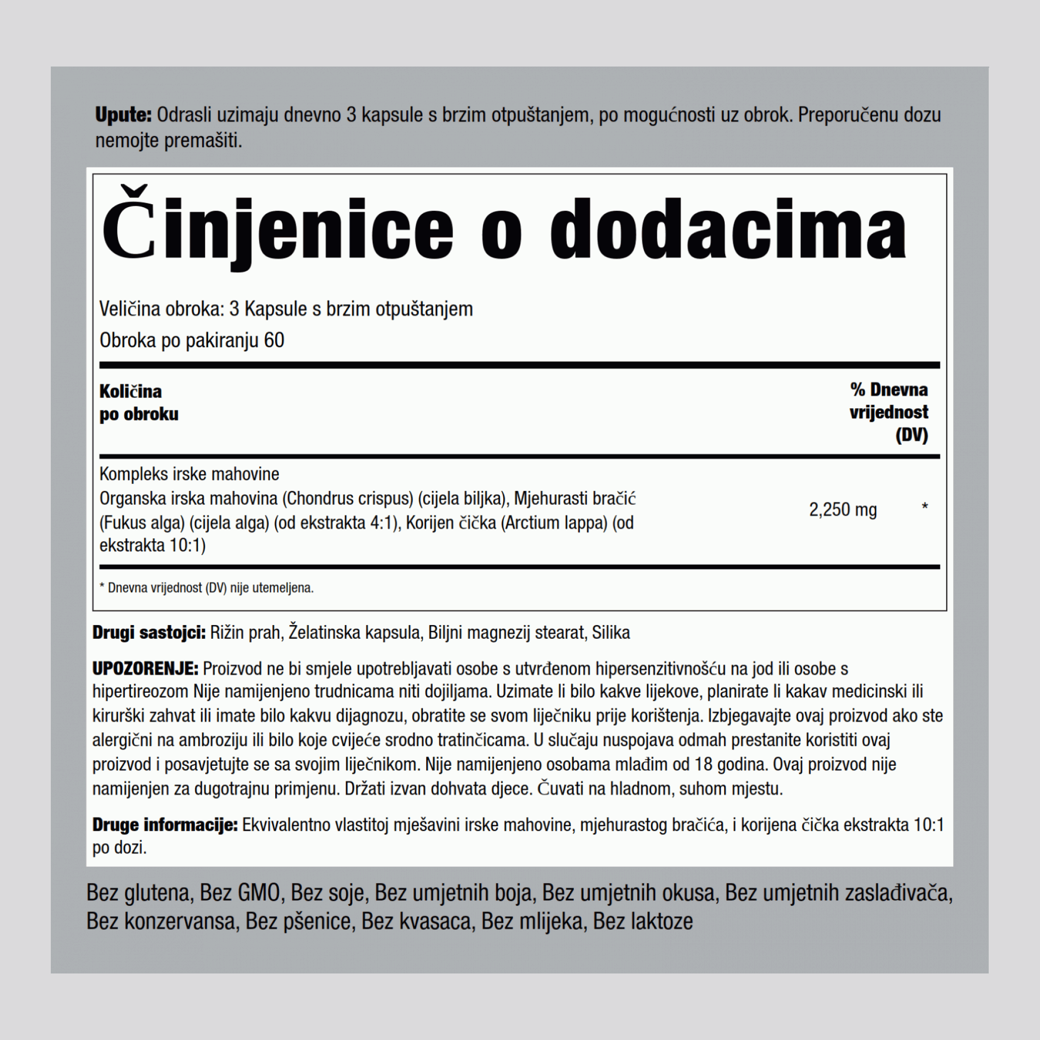 Kompleks irske mahovine s mjehurastim bračićem i korijenom čička 2250 mg (po obroku) 180 Kapsule s brzim otpuštanjem     