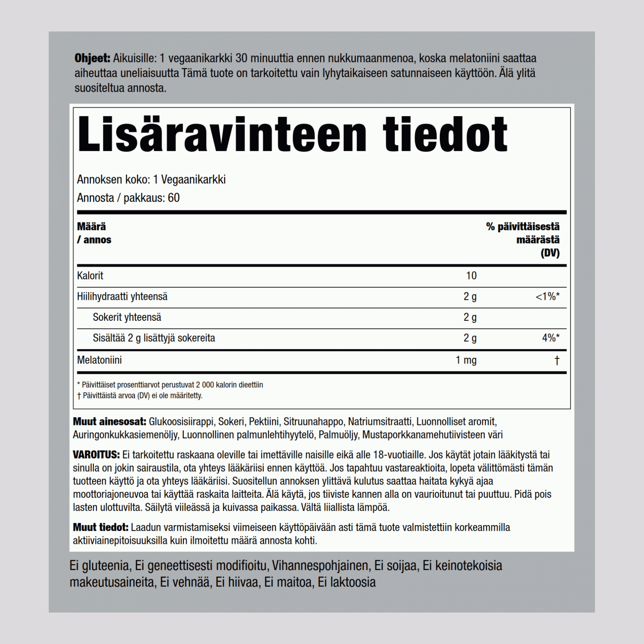 Melatoniinikarkit (luonnonkirsikkagranaattiomena) 1 mg 60 Vegaanikarkit     