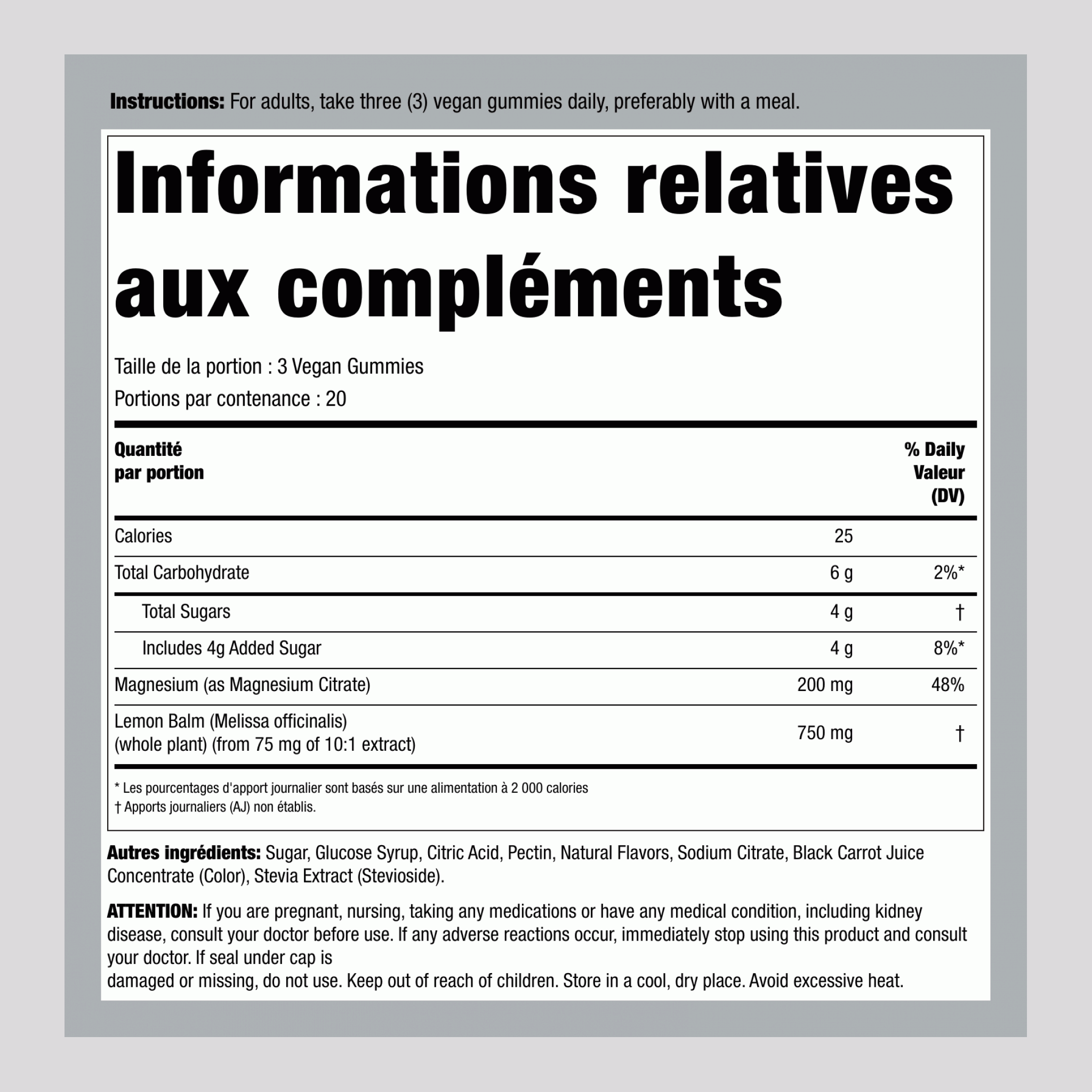 Magnésium 200 mg (par portion) 60 Gommes végans     