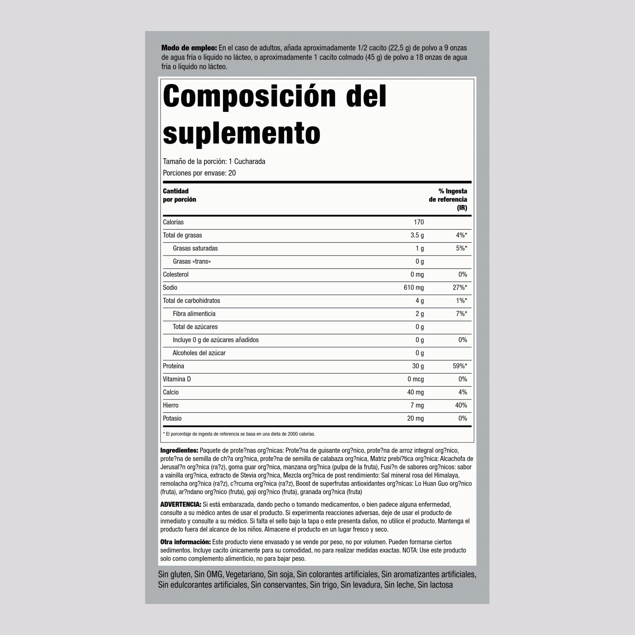 Proteína deportiva a base de plantas (orgánica) (vainilla cremosa)   32 oz (908 g) Botella/Frasco