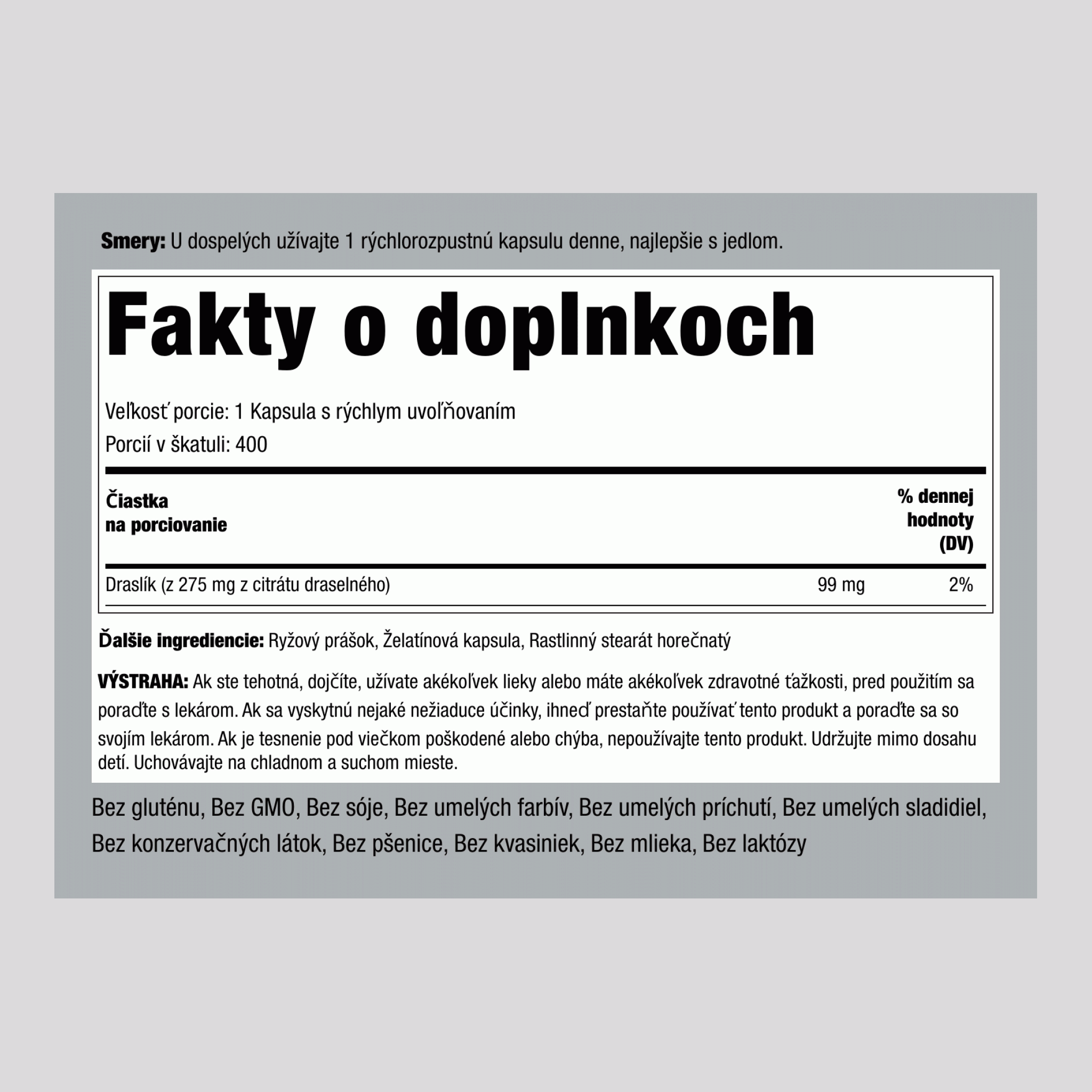 Citrát draselný  275 mg 400 Kapsule s rýchlym uvoľňovaním 2 Fľaše   