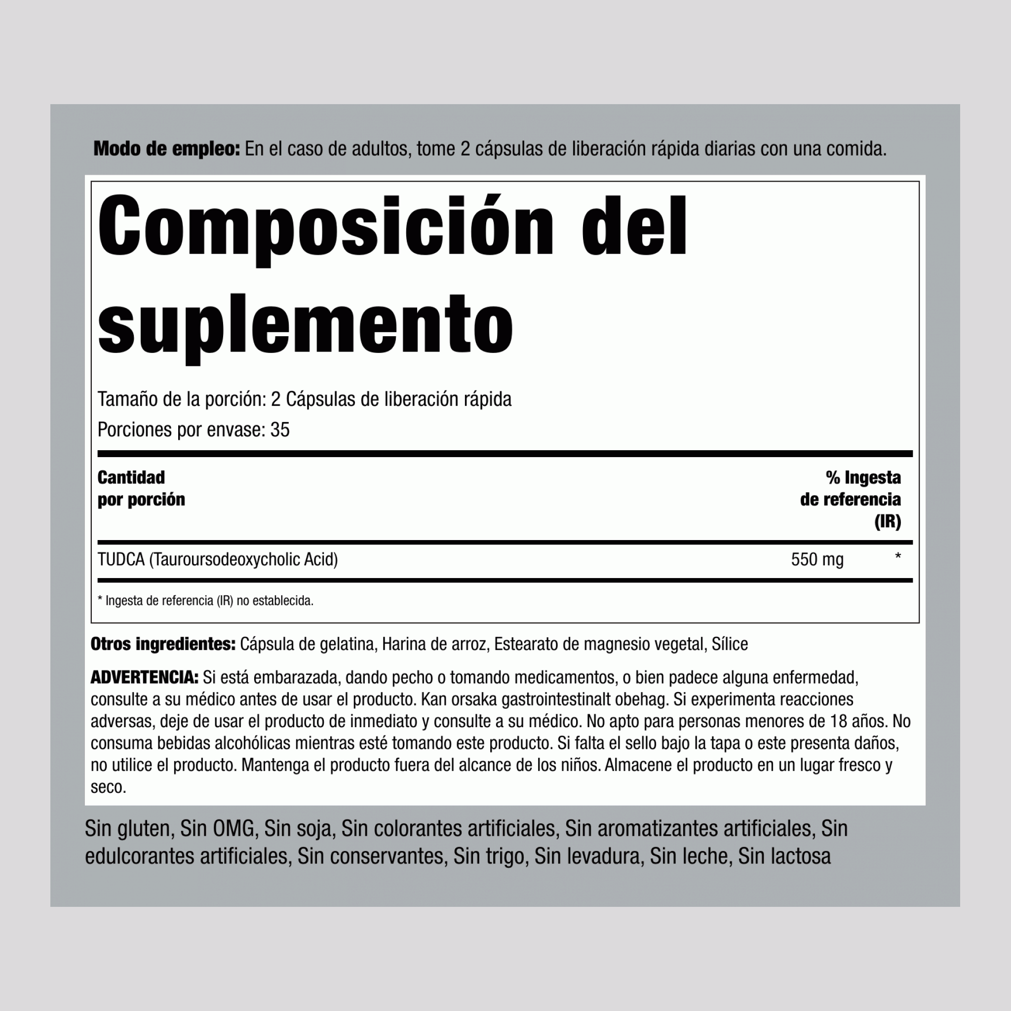 TUDCA (ácido tauroursodeoxicólico) 250 mg 550 mg (por porción) 70 Cápsulas de liberación rápida     