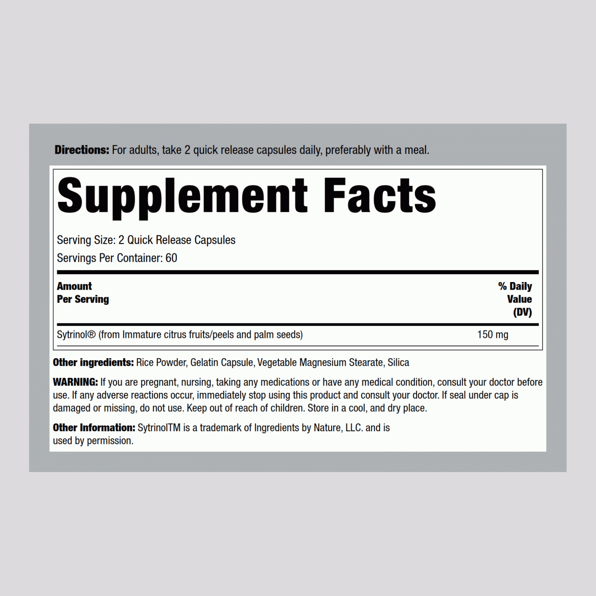 Sytrinol,  150 mg (par portion) 120 Gélules à libération rapide