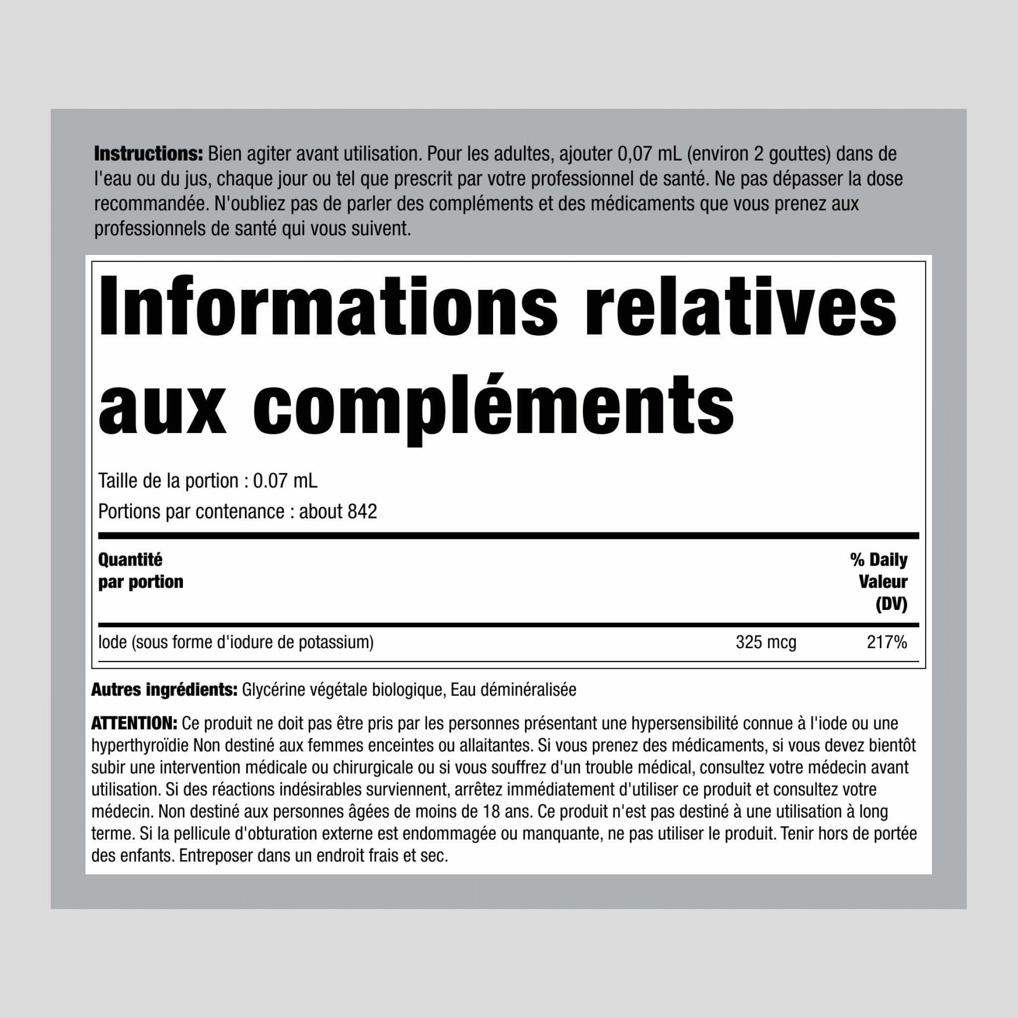 Iode naissant (bio) 325 mcg (par portion) 2 onces liquides 59 mL Compte-gouttes en verre