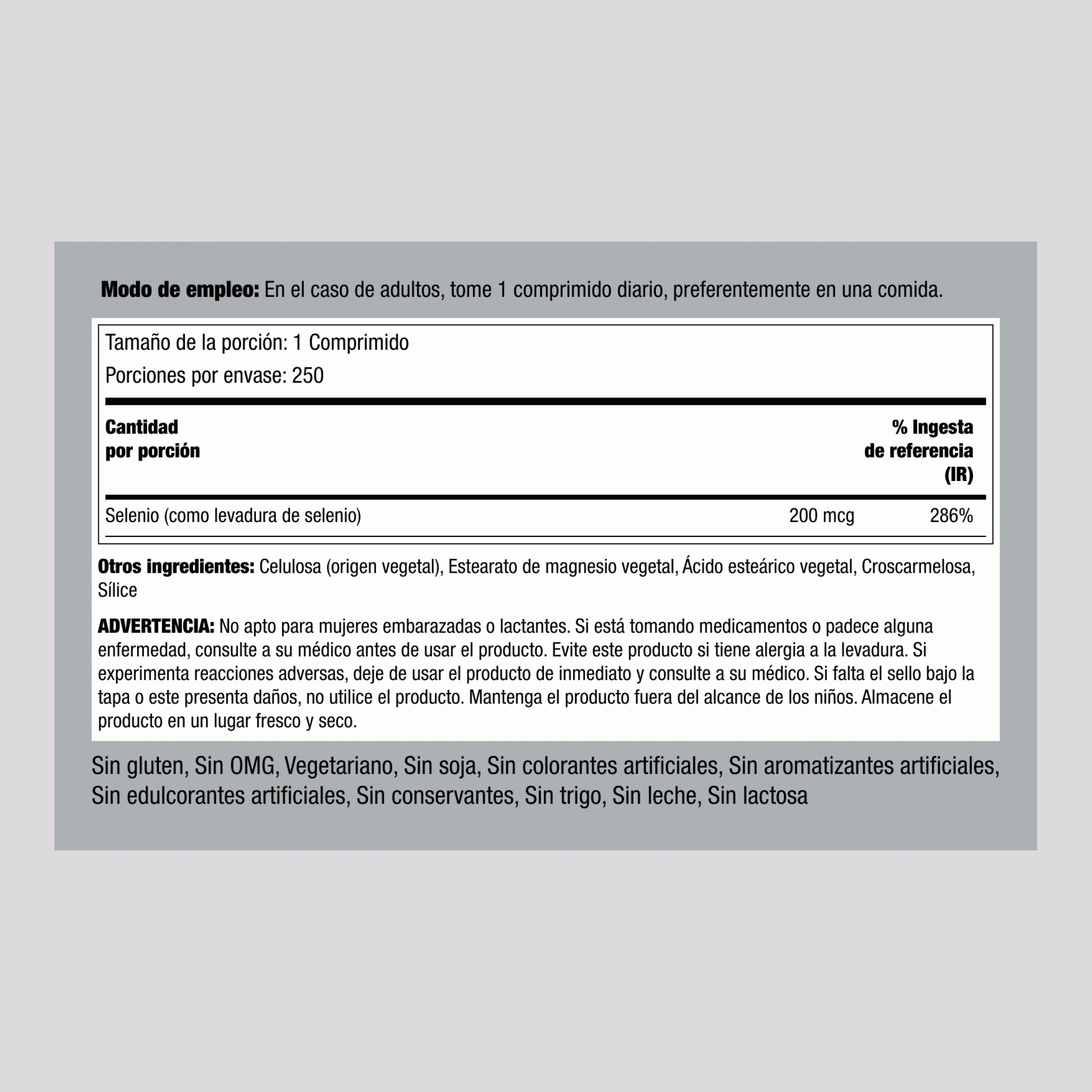 Selenio ,  200 mcg 250 Tabletas 2 Botellas/Frascos