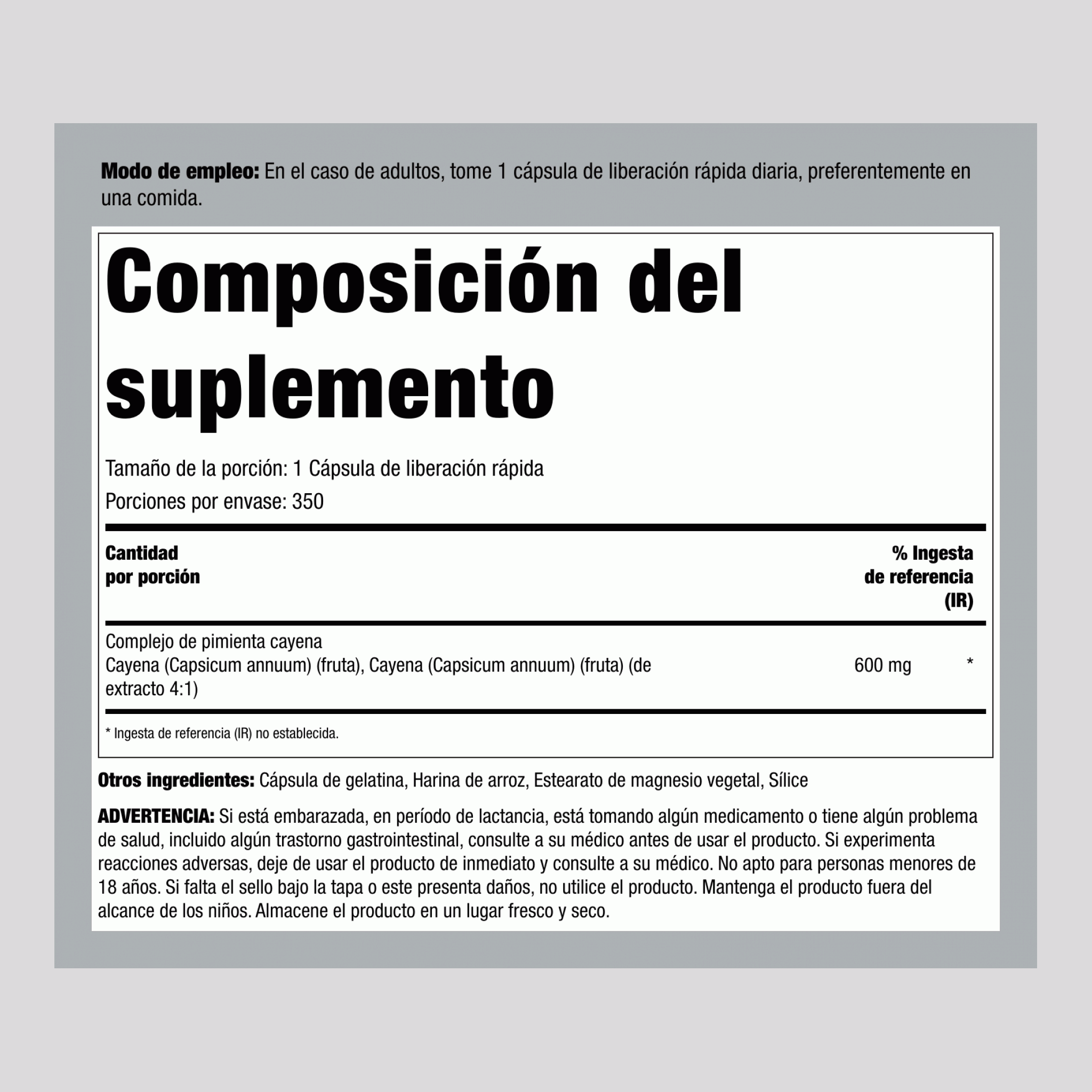 Cayena  600 mg 350 Cápsulas de liberación rápida     