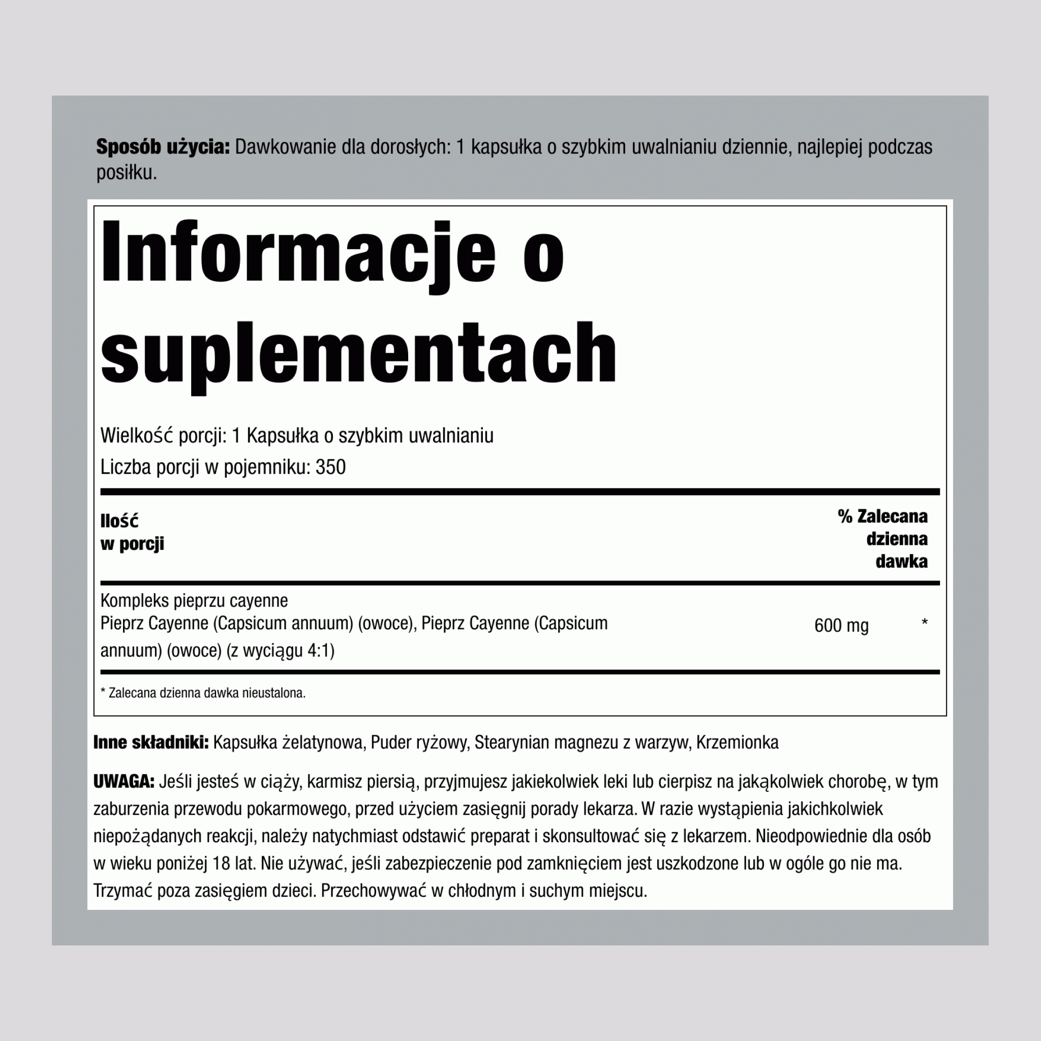 Cayenne  600 mg 350 Kapsułki o szybkim uwalnianiu     