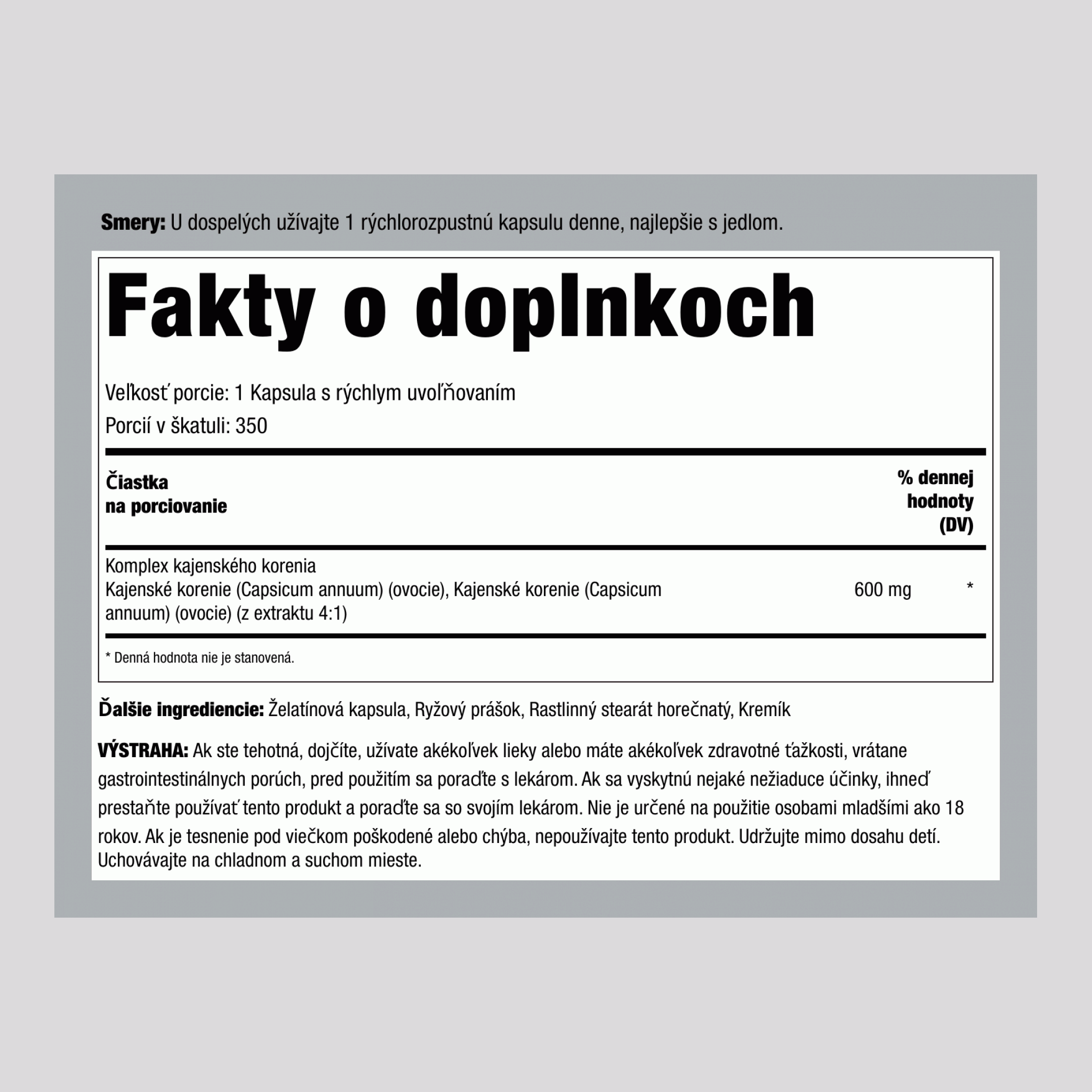 Kajenské korenie  600 mg 350 Kapsule s rýchlym uvoľňovaním     