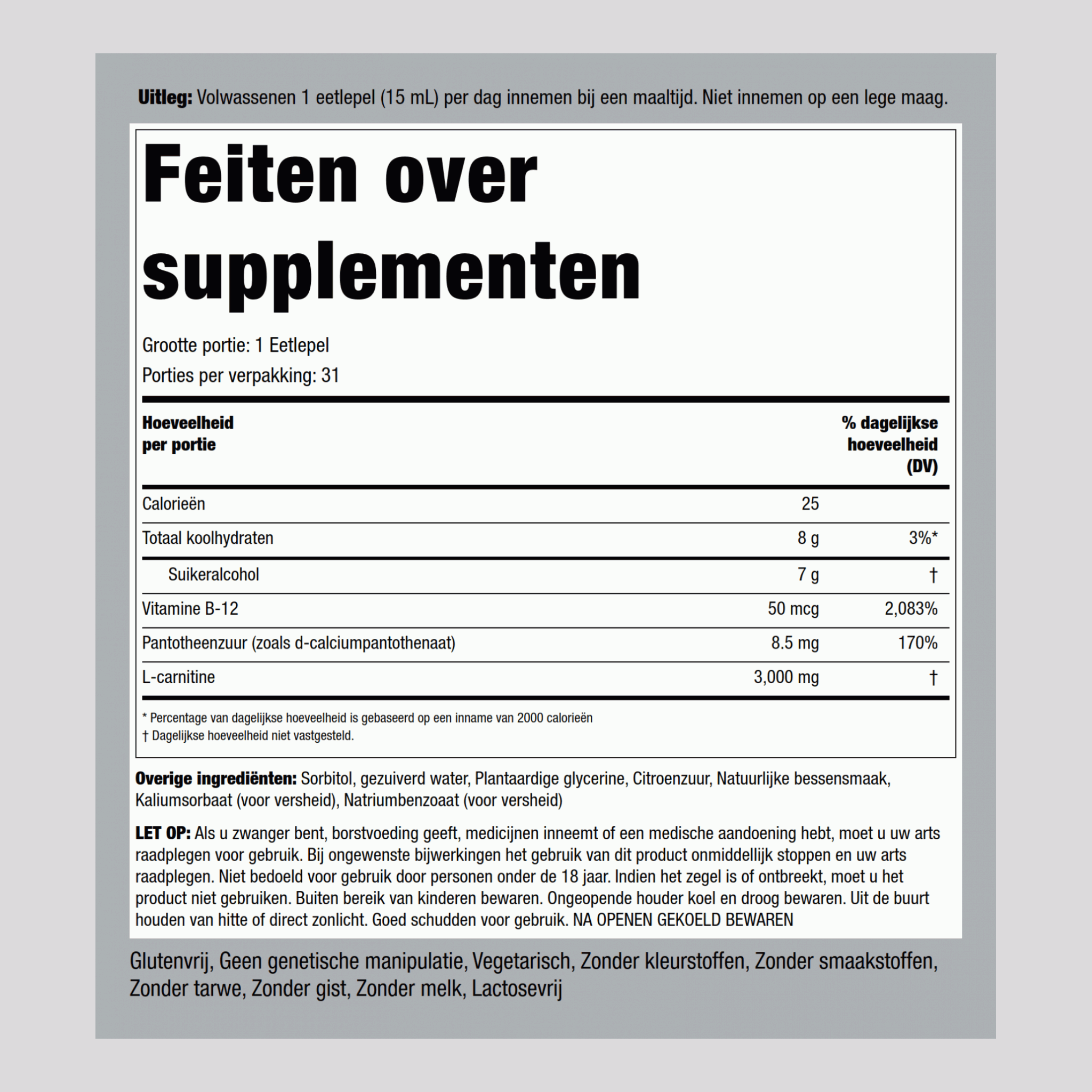 Vloeibare l-carnitine (natuurlijke bes) 3000 mg (per portie) 16 fl oz 473 mL Druppelfles  