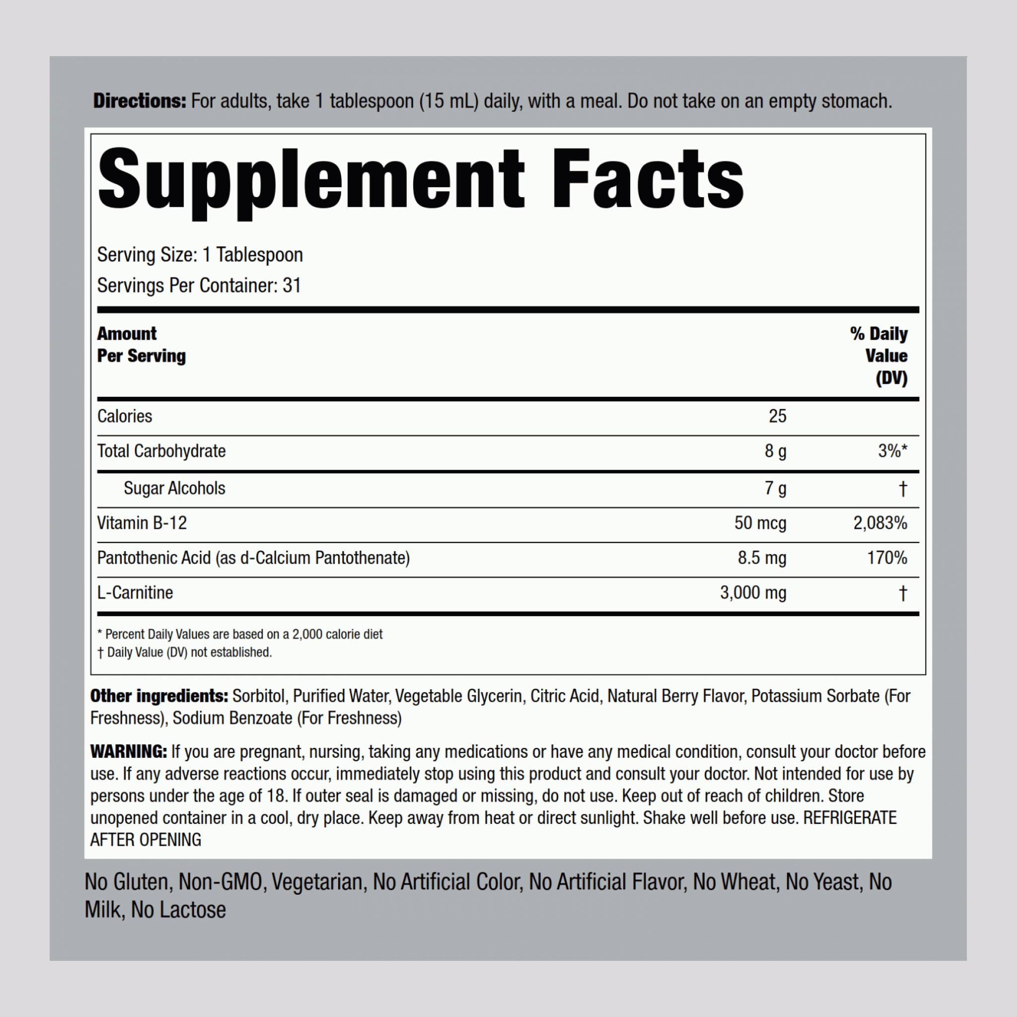 液體L-肉鹼（天然莓果） 3000 毫克 (每份) 16 fl oz 473 毫升 滴管瓶  