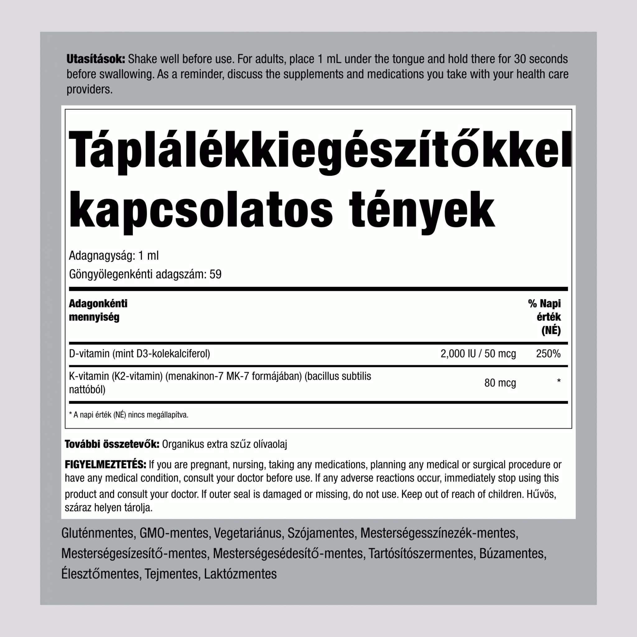 Extra erős D3 és K-2 vitamin 2 fl oz (59 ml) Cseppentőpalack 2 Cseppentőpalackok    