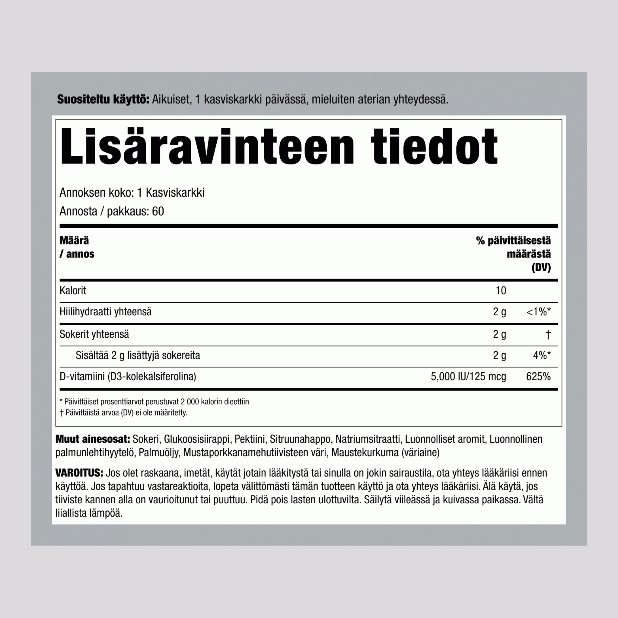 D3-vitamiinikarkit (luonnollinen persikka) 5000 IU 60 Kasviskarkit     