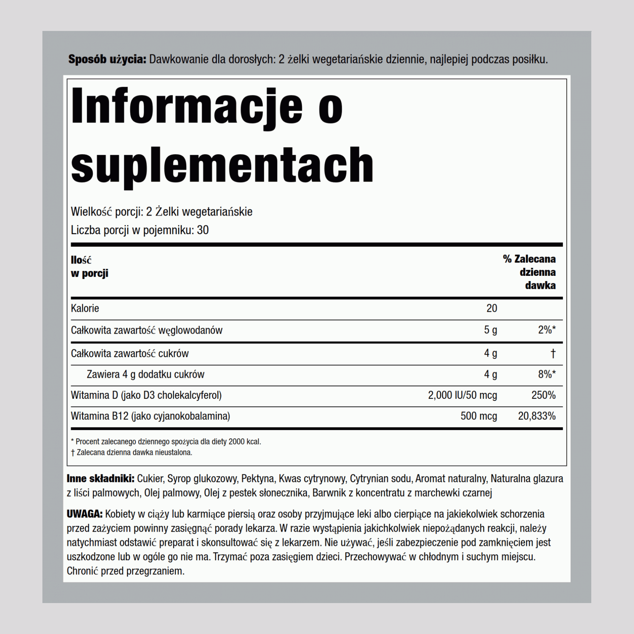 Witamina D3 + B12 (truskawka)  60 Żelki wegetariańskie 2 Butelki     