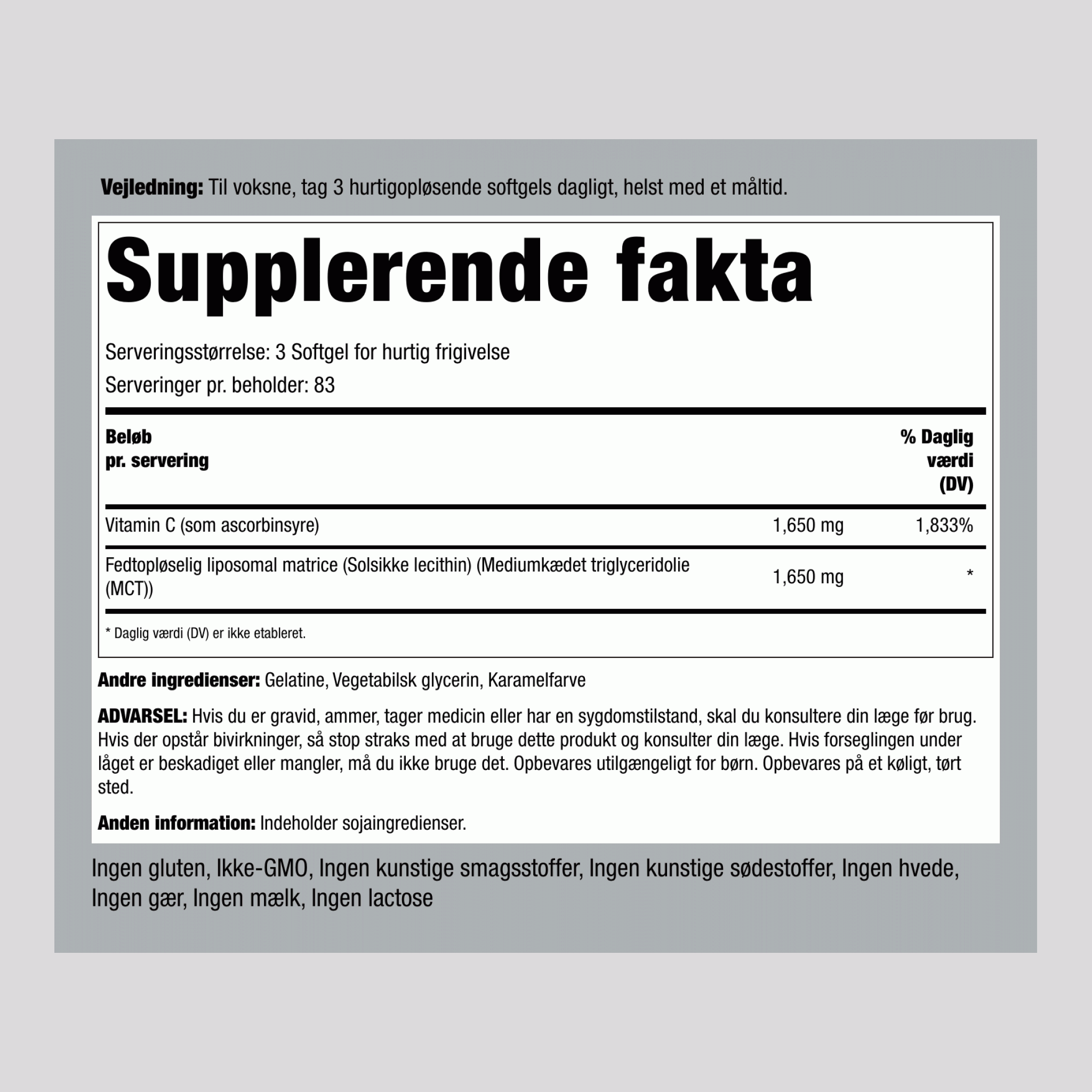 Liposomal Vitamin C-kompleks, 1650 mg (per portion), 250 hurtigfrigørende softgels