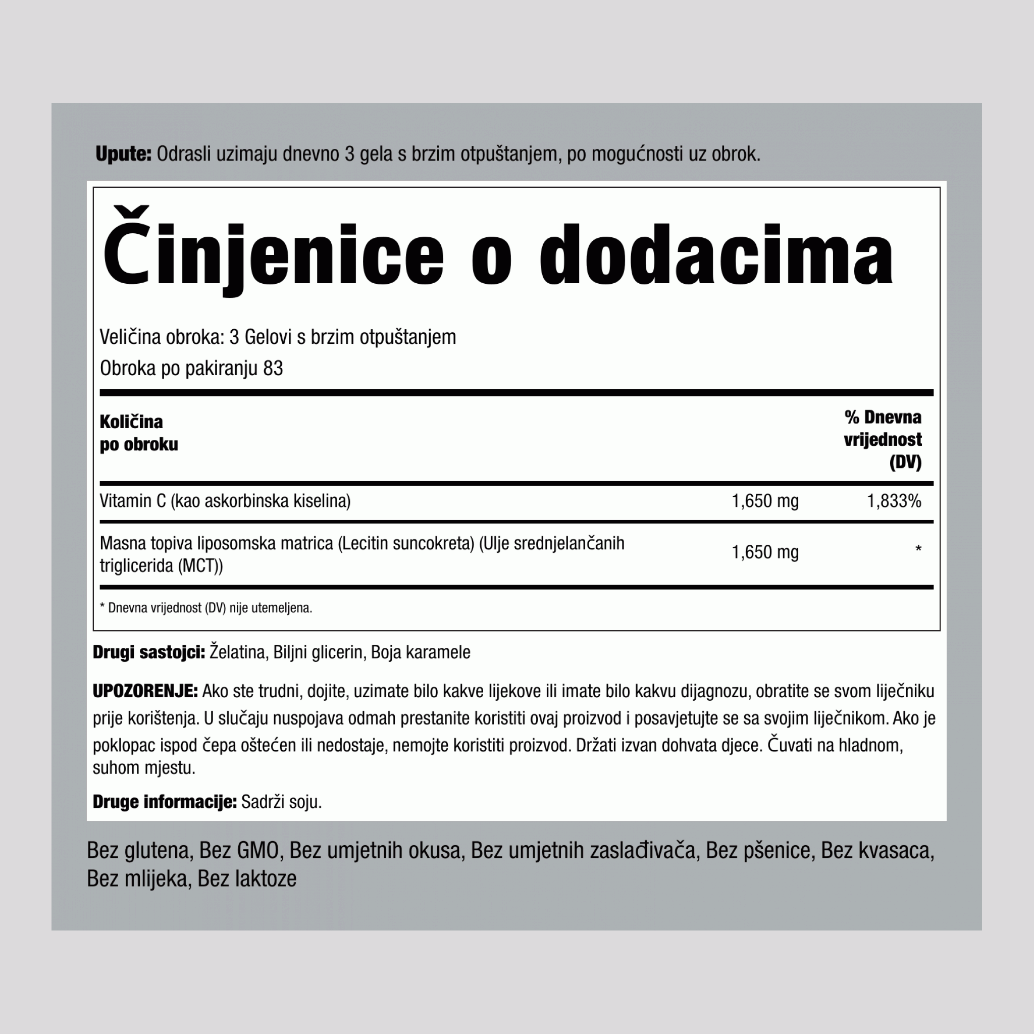 Liposomalni Vitamin C Kompleks, 1650 mg (po porciji), 250 kapsula brzog oslobađanja