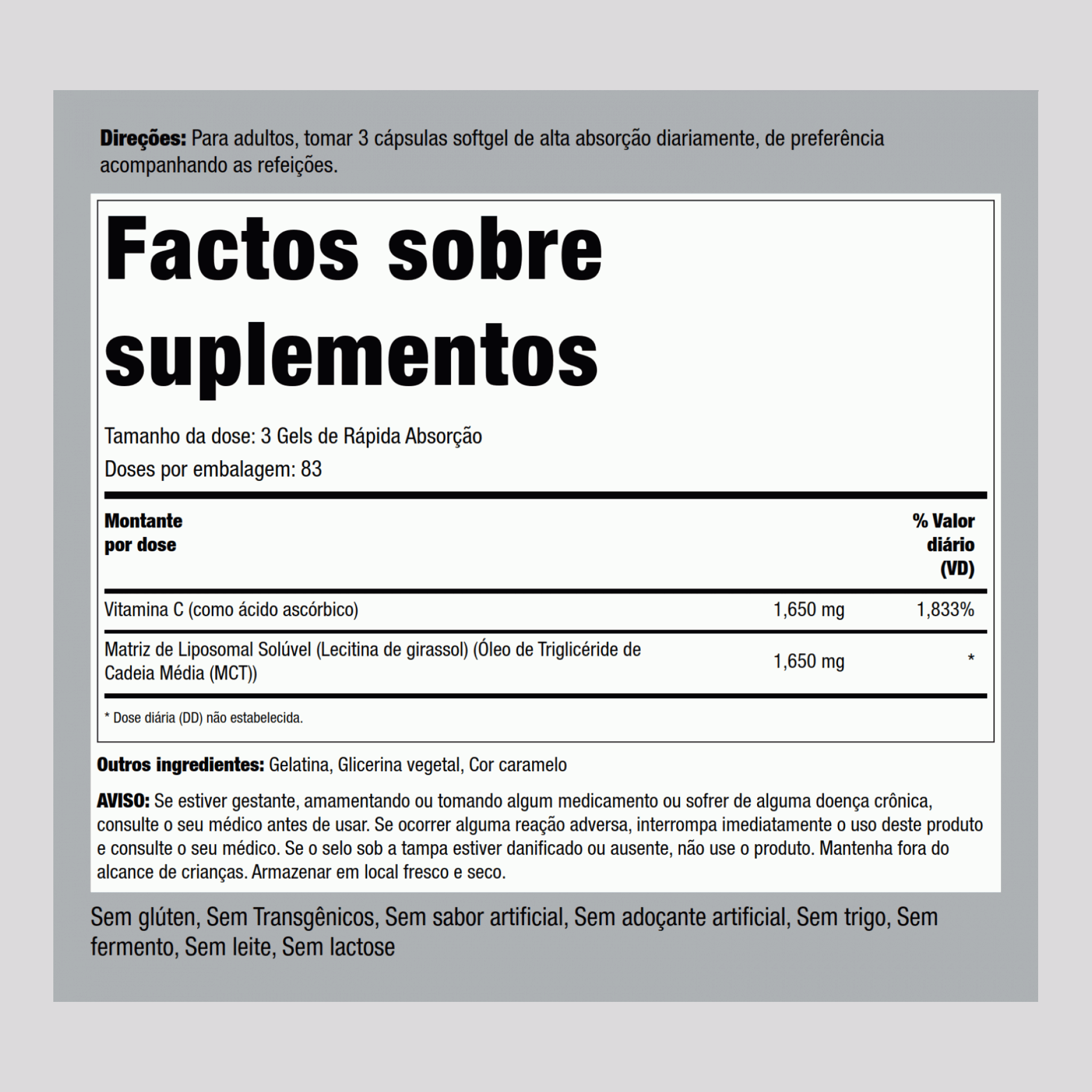 Vitamina C Liposomal de Alta Potência 3300 mg (por dose) 250 Cápsulas gelatinosas     