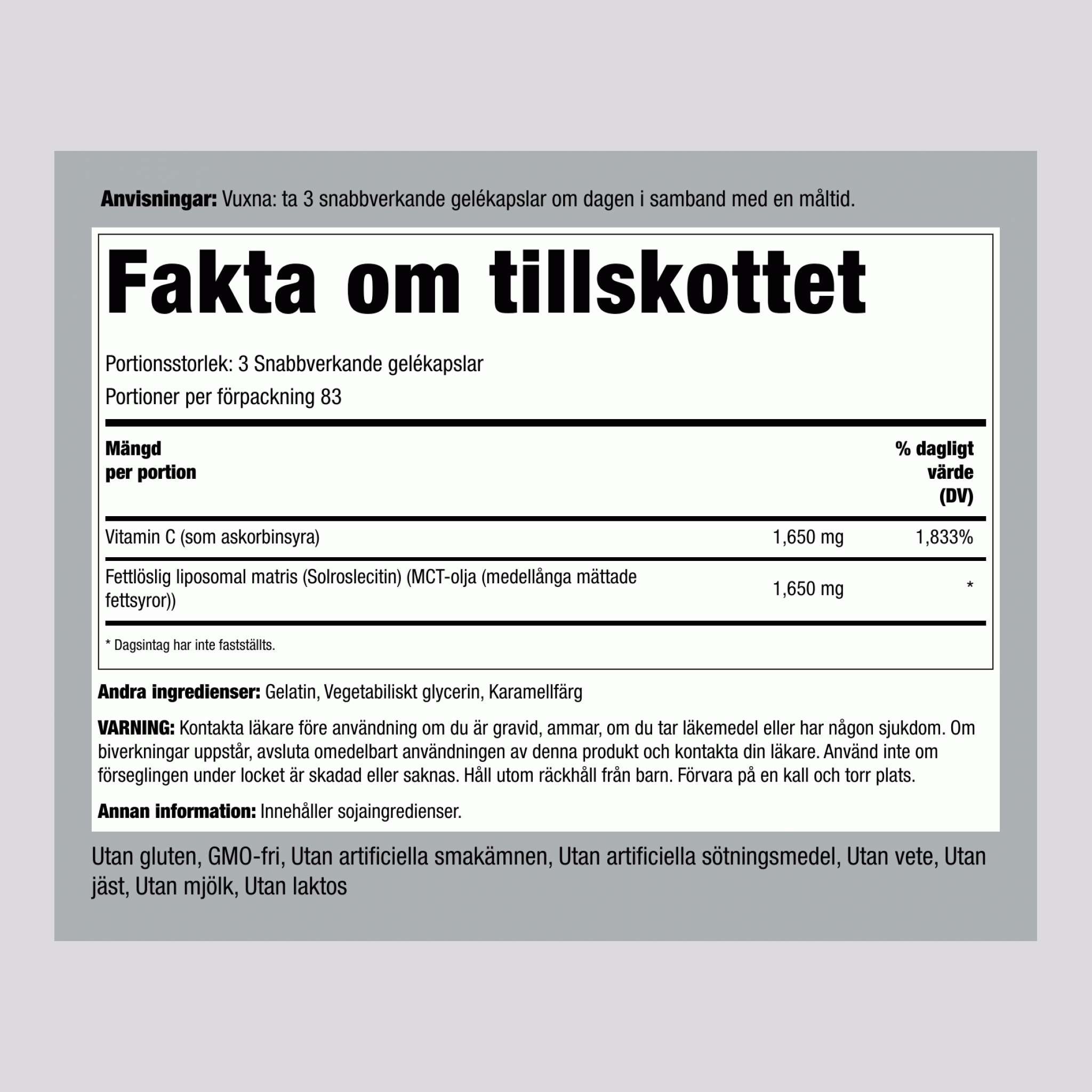 Liposomal Vitamin C Complex, 1650 mg (per portion), 250 Snabbfrisättande Mjukgelatinkapslar