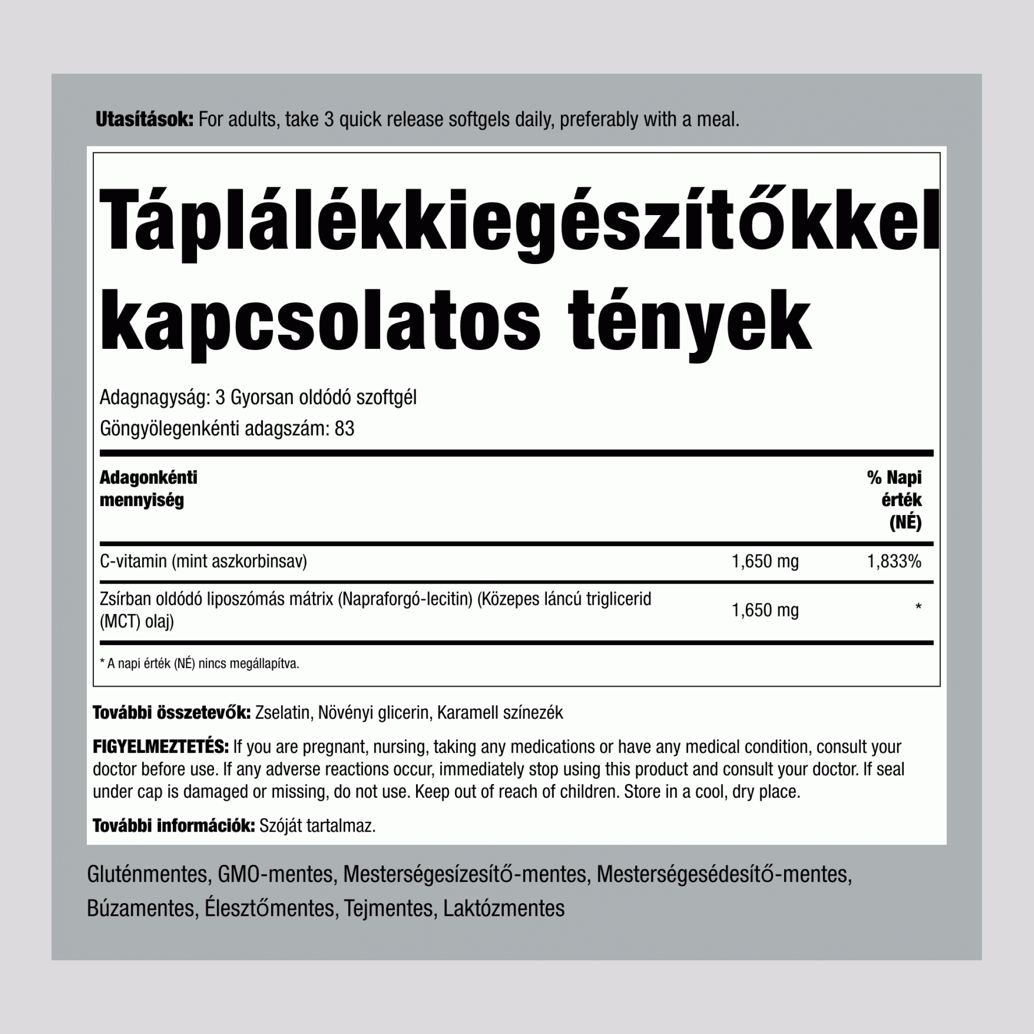 Liposzomális C-vitamin komplex 1650 mg (adagonként) 250 Gyorsan oldódó szoftgél 2 Palackok   