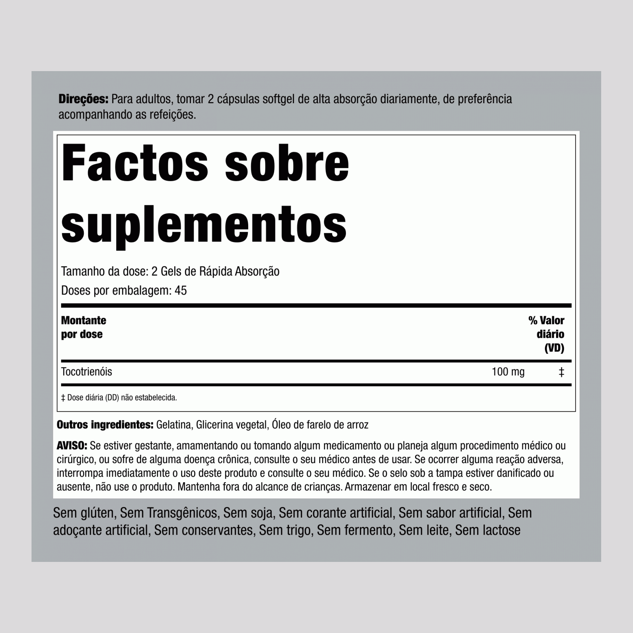 Tocotrienóis,  100 mg (por dose) 90 Gels de Rápida Absorção