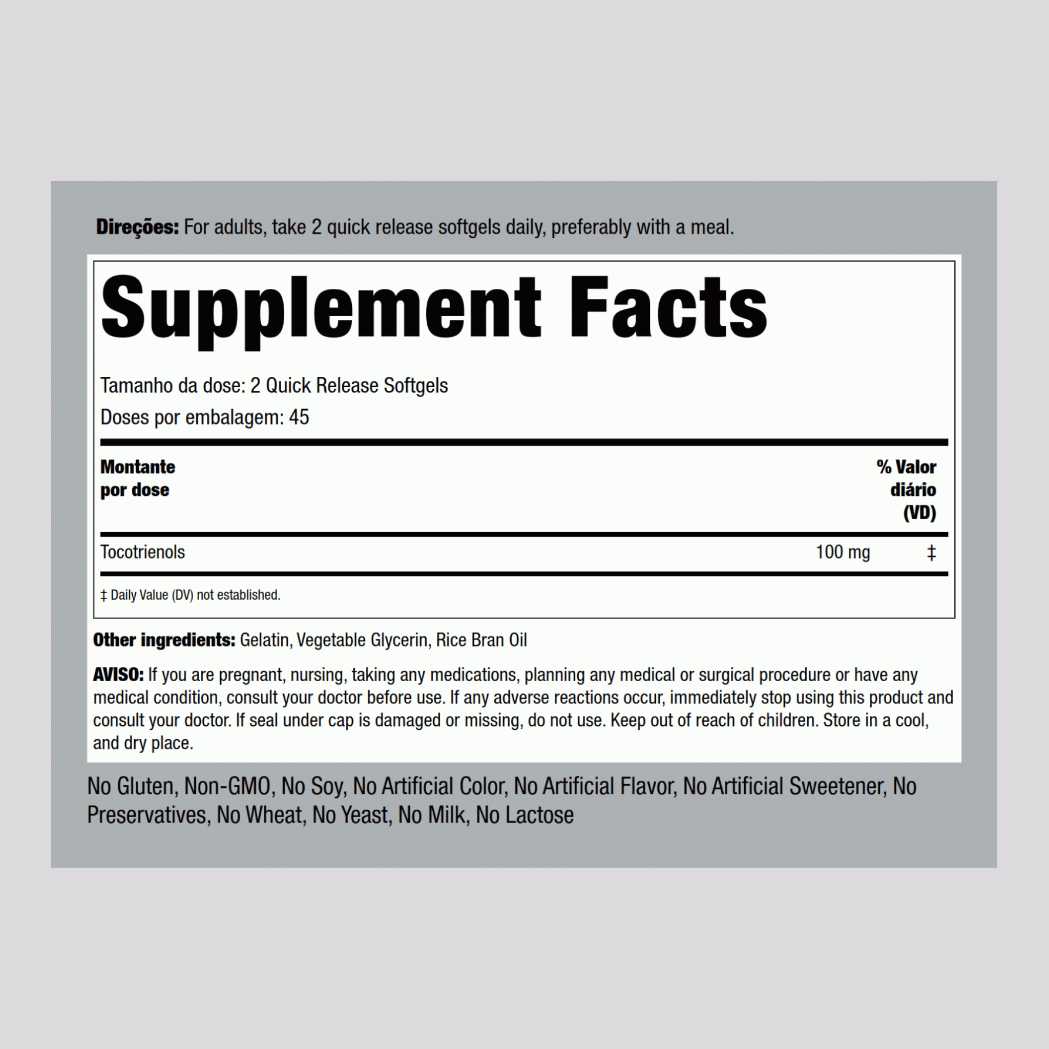 Tocotriénols,  100 mg (par portion) 90 Capsules molles à libération rapide