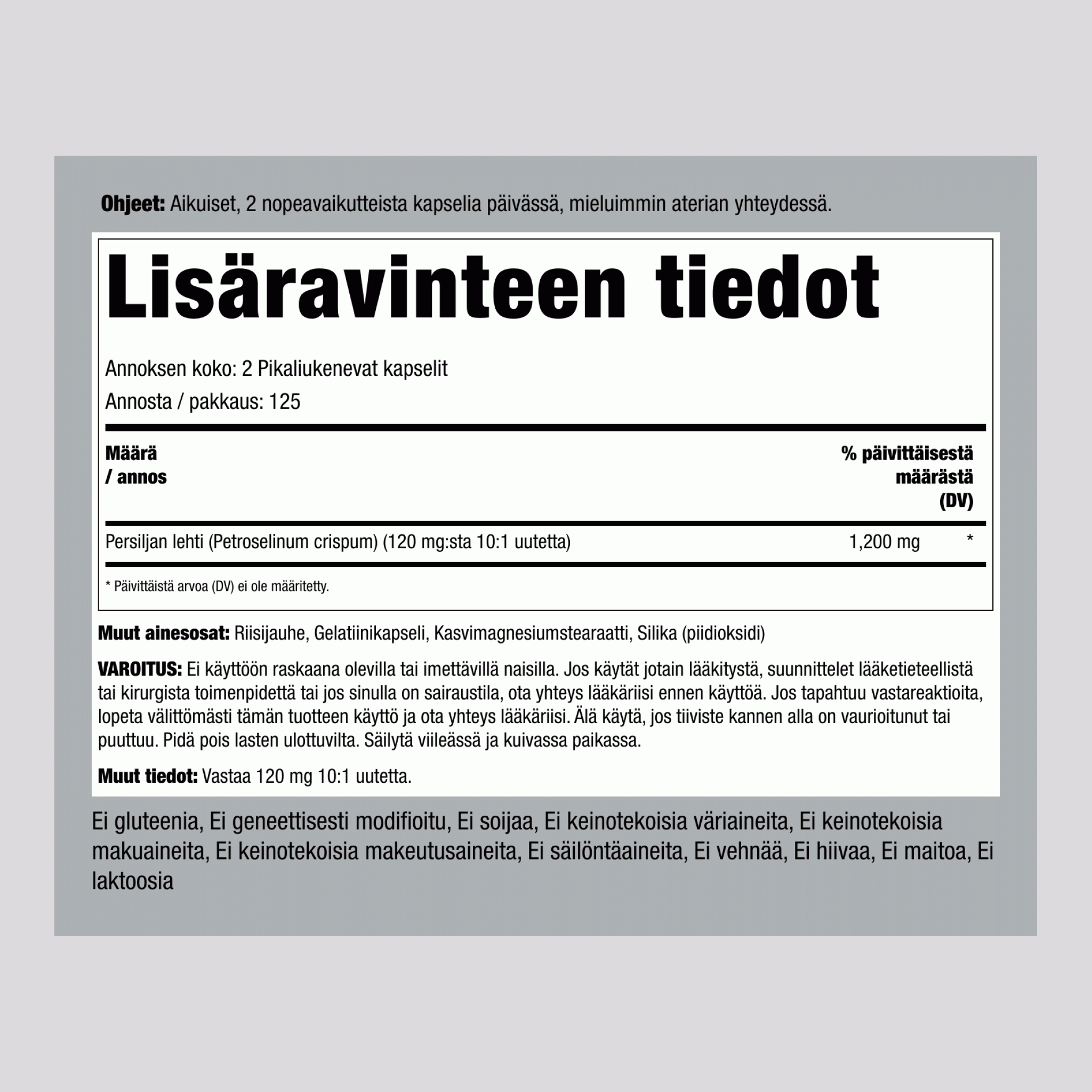 Persiljanlehti  1200 mg/annos 250 Pikaliukenevat kapselit    