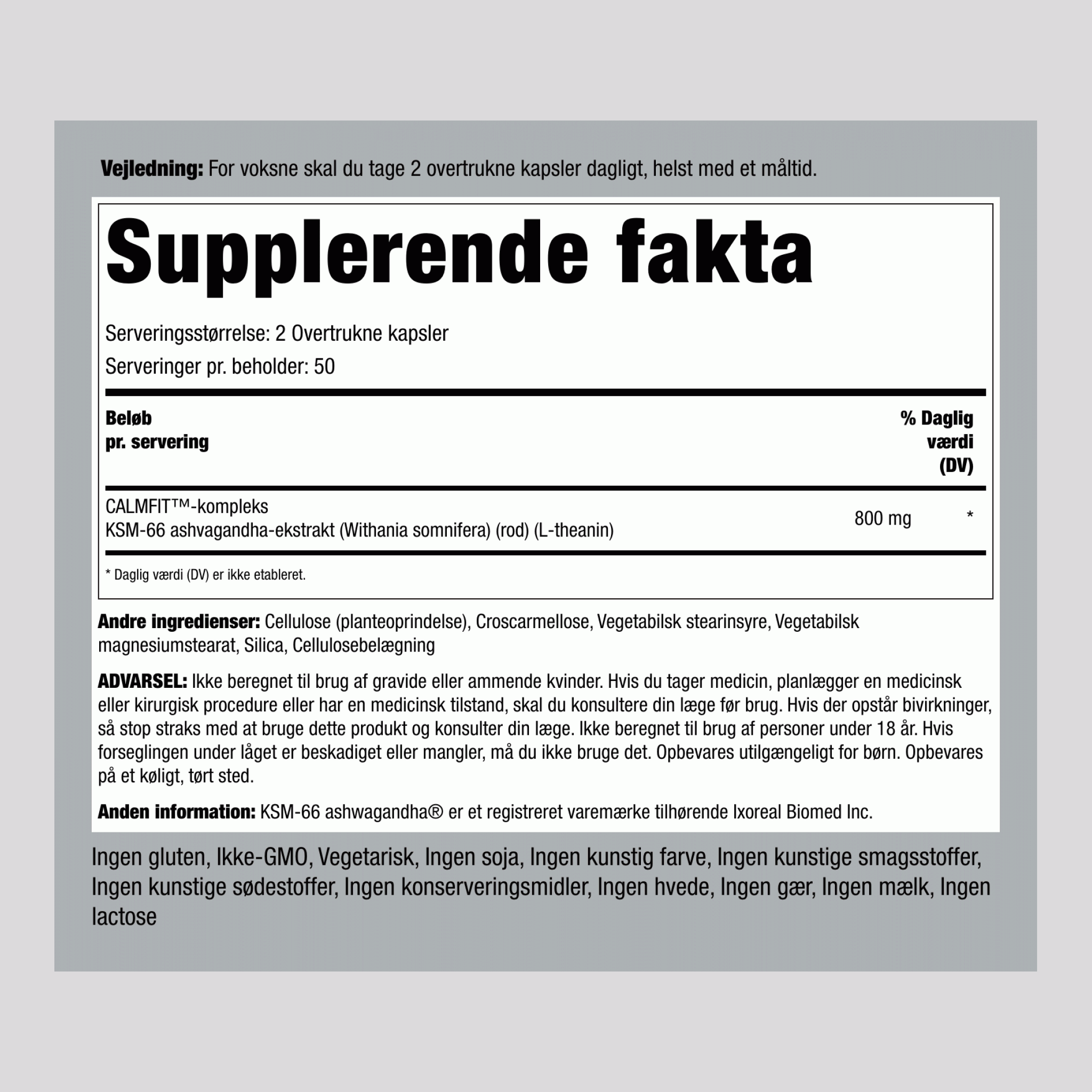 KSM-66 ashwagandha,  800 mg (pr. dosering) 100 Overtrukne kapsler