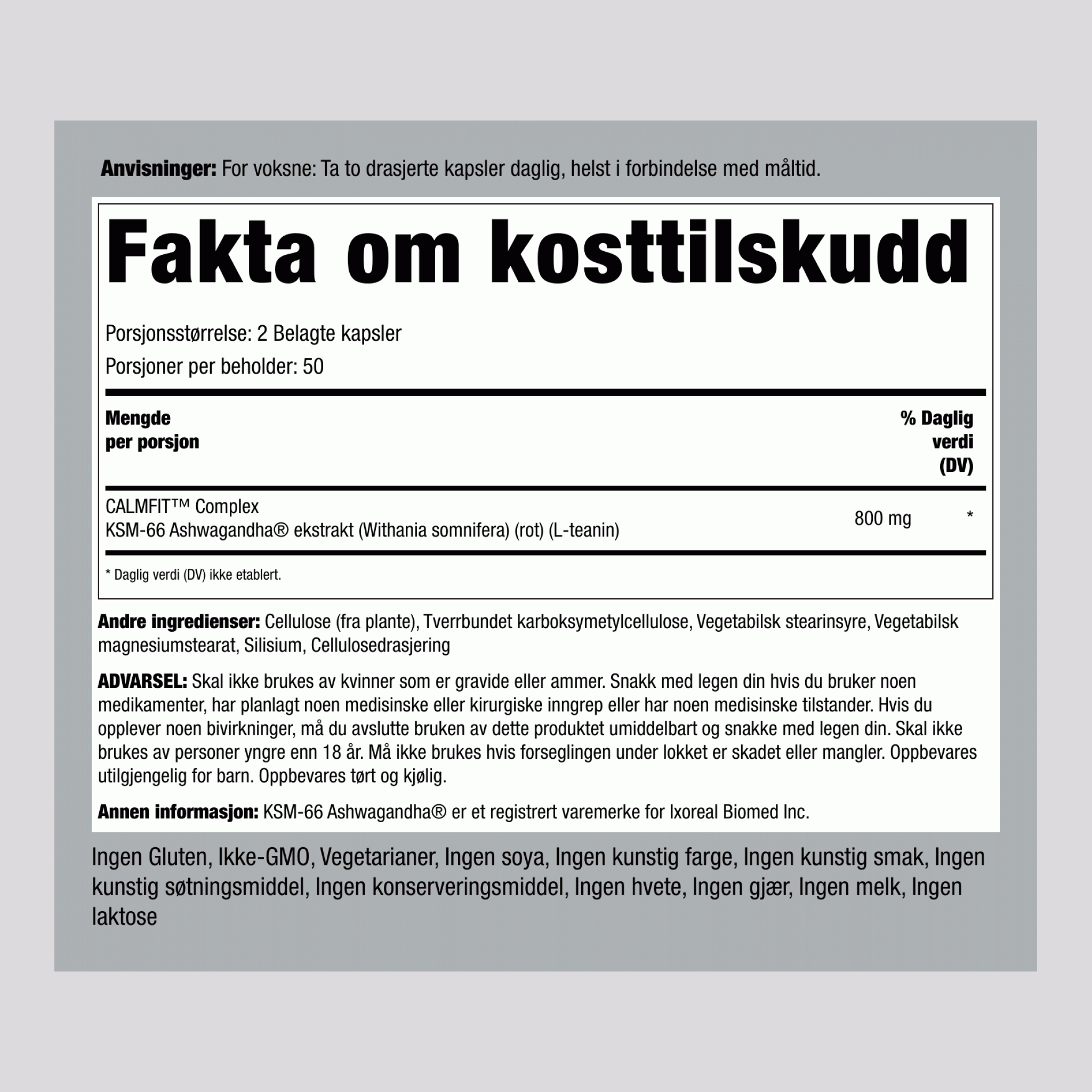 KSM-66 Ashwagandha,  800 mg (per dose) 100 Belagte kapsler