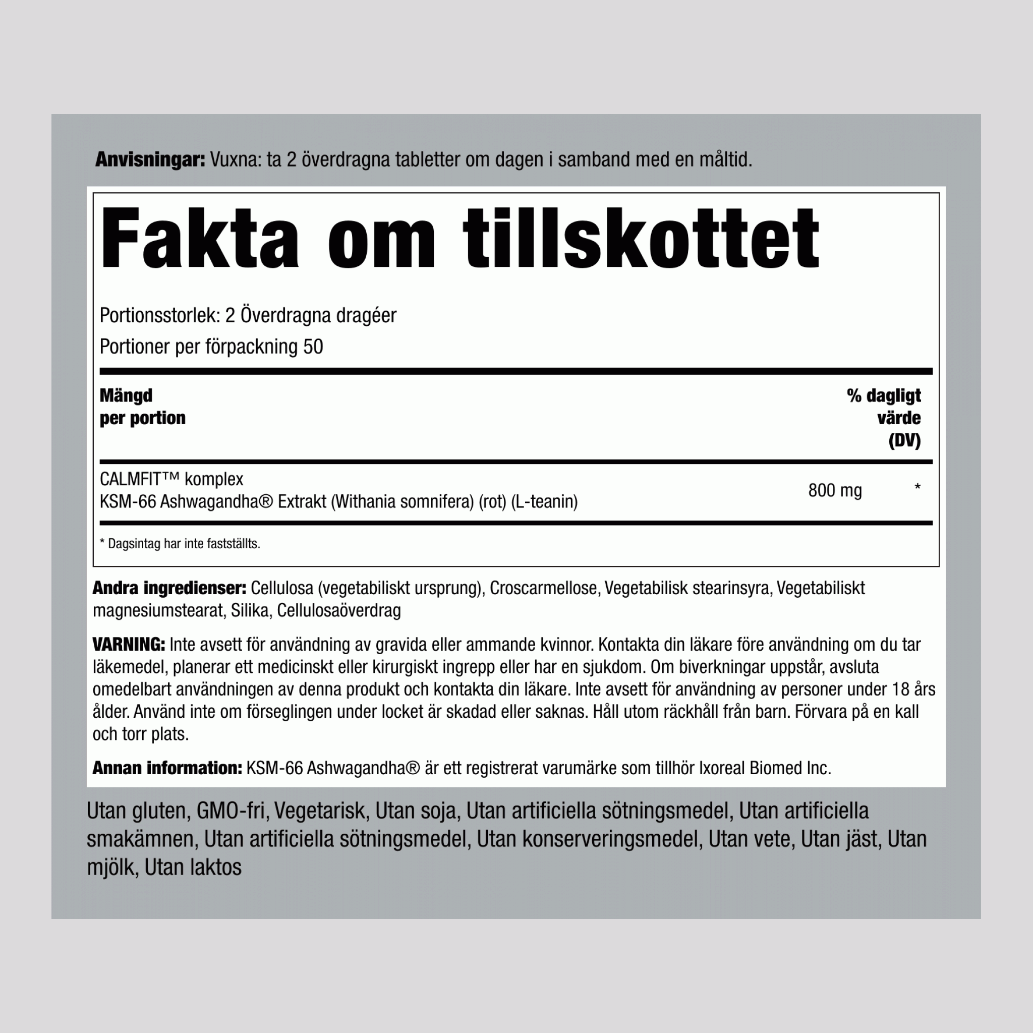 KSM-66 Ashwagandha,  800 mg (per portion) 100 Överdragna dragéer