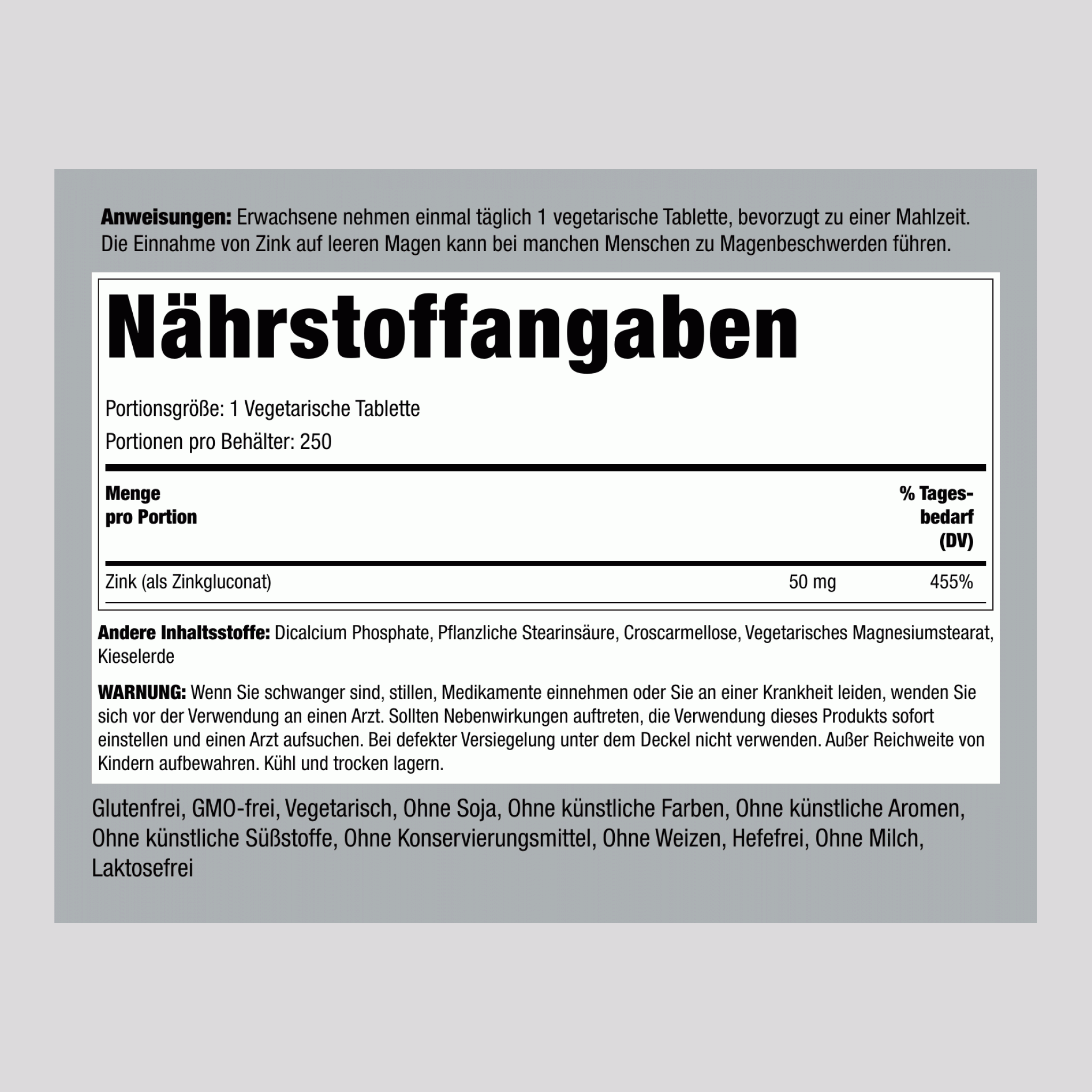 Chelatiertes Zink (Gluconat), 50 mg, 250 Vegetarische Tabletten