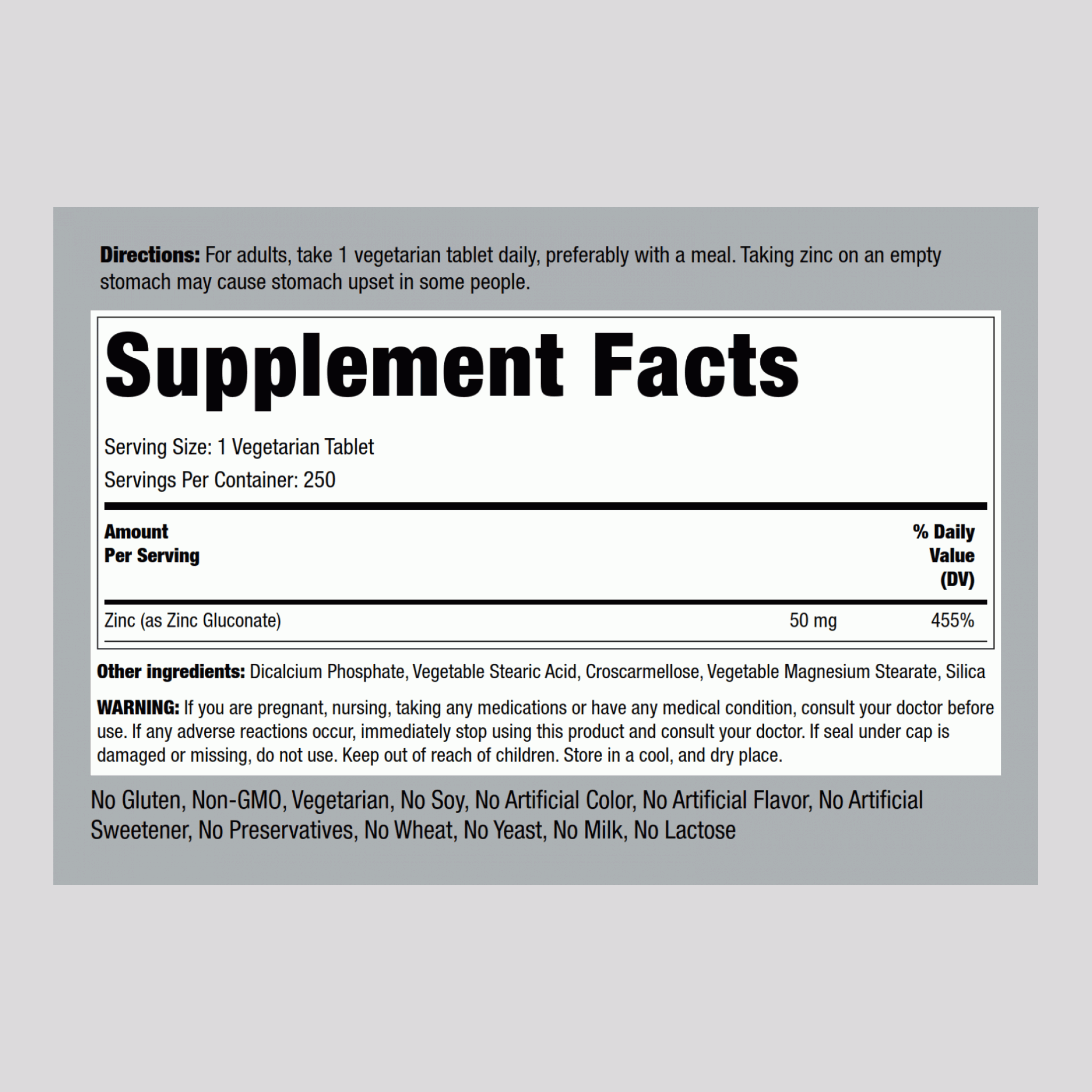 Chelated Zinc (Gluconate), 50 mg, 250 Vegetarian Tablets