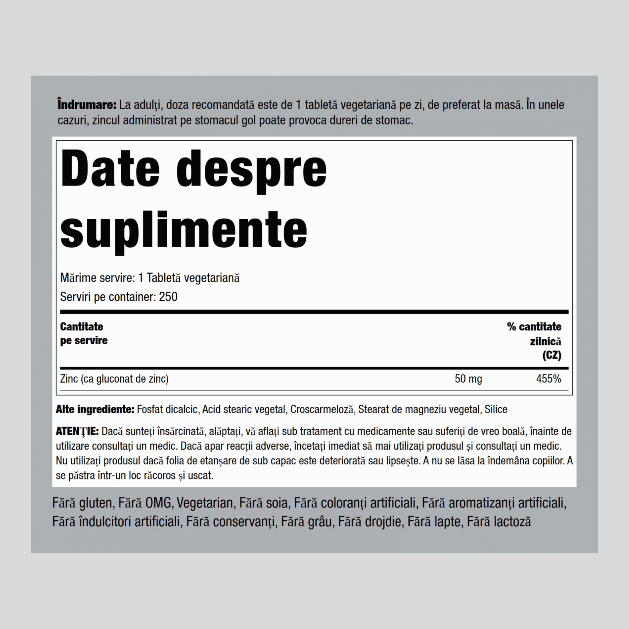 Zinc chelatizat (Gluconat) 50 mg 250 Comprimate     