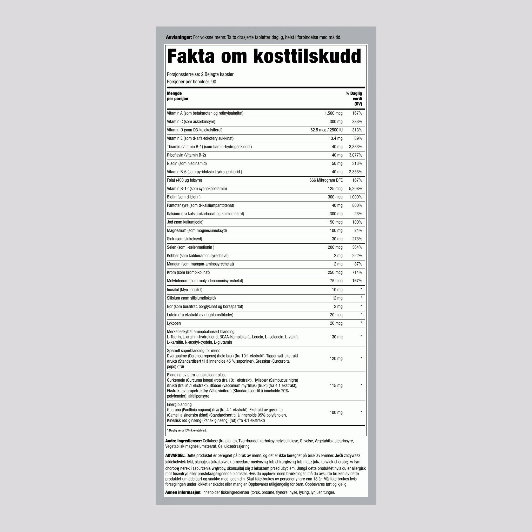 Mega Multiple for menn,  180 Belagte kapsler 2 Flasker