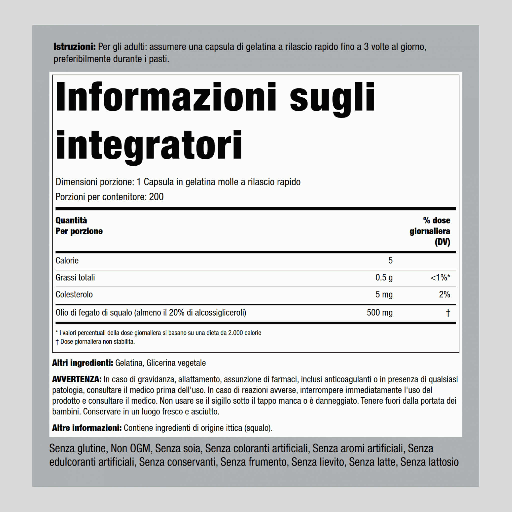 Olio di fegato di squalo ecologico 500 mg 200 Capsule in gelatina molle a rilascio rapido     