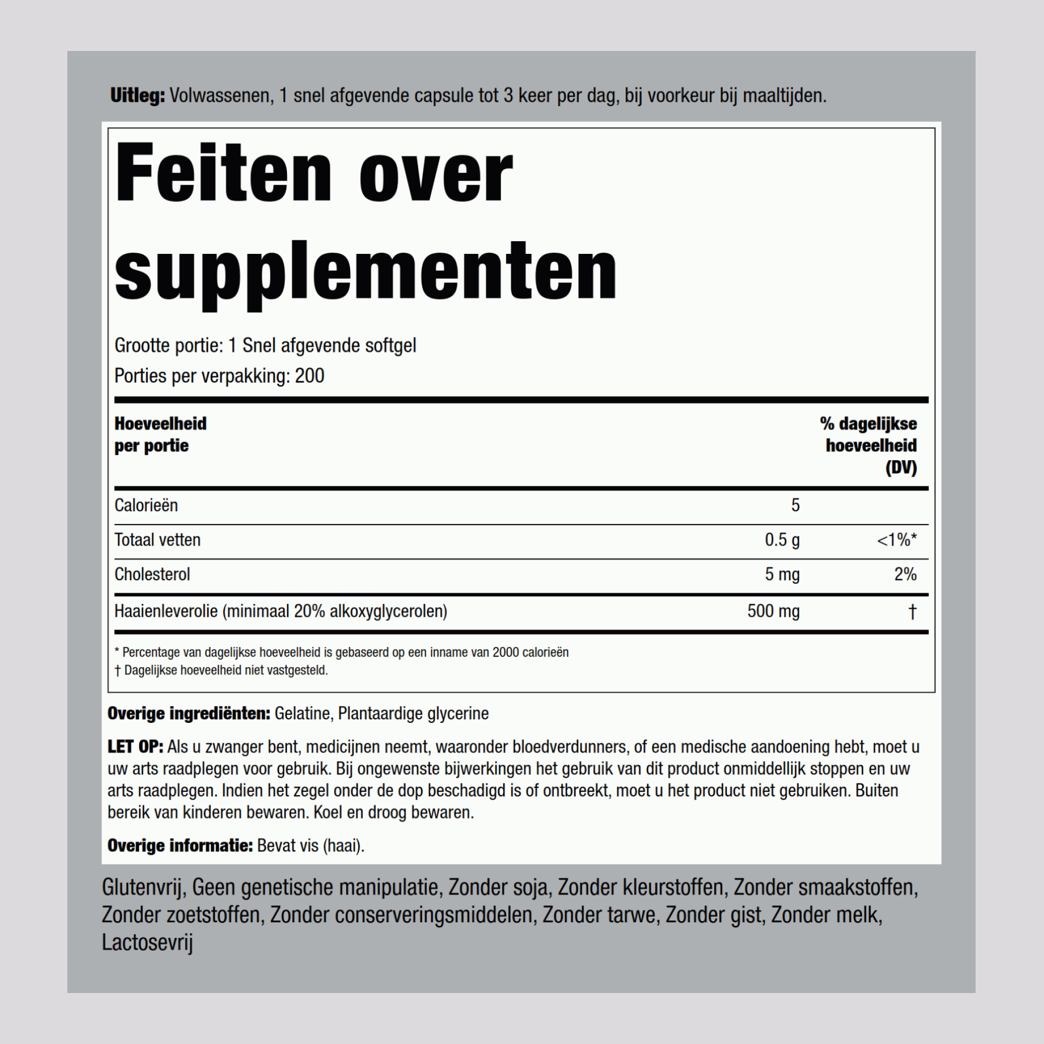 Eco haaienleverolie 500 mg 200 Snel afgevende softgels     