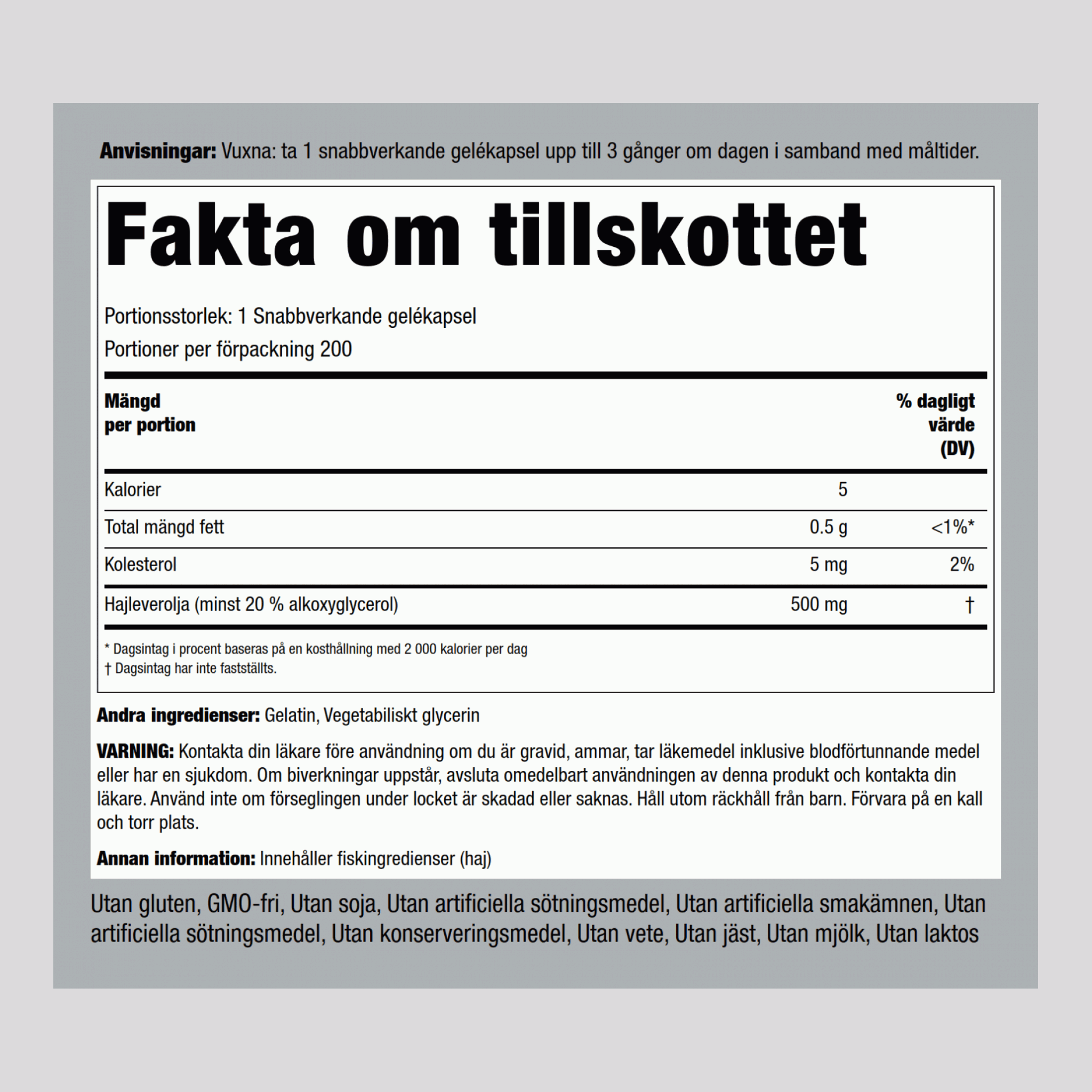 Hajleverolja, ekologisk 500 mg 200 Snabbverkande gelékapslar     