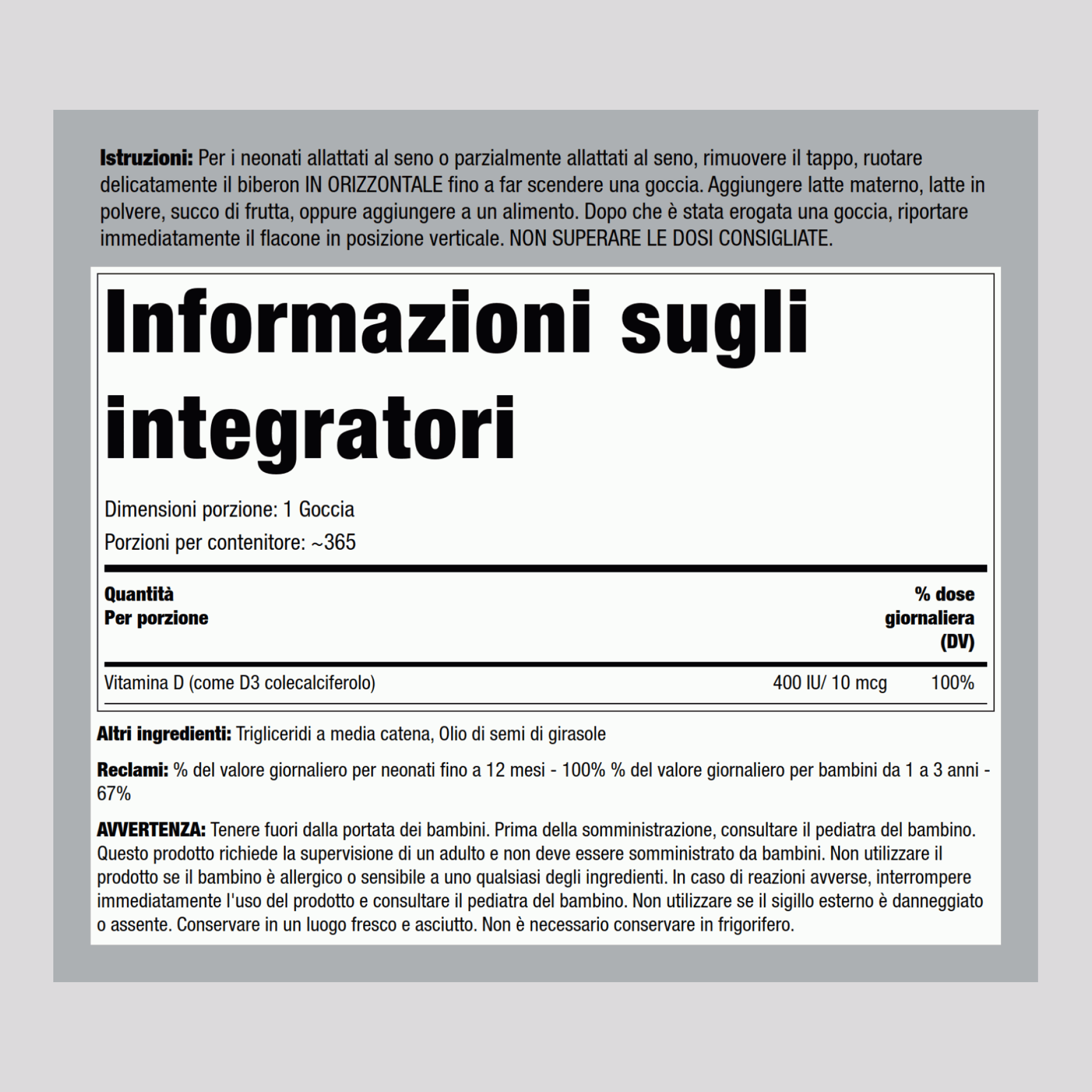Vitamina D liquida in gocce D3 per bambino 400 IU 365 dosi 9.2 ml 0.31 fl oz oz    