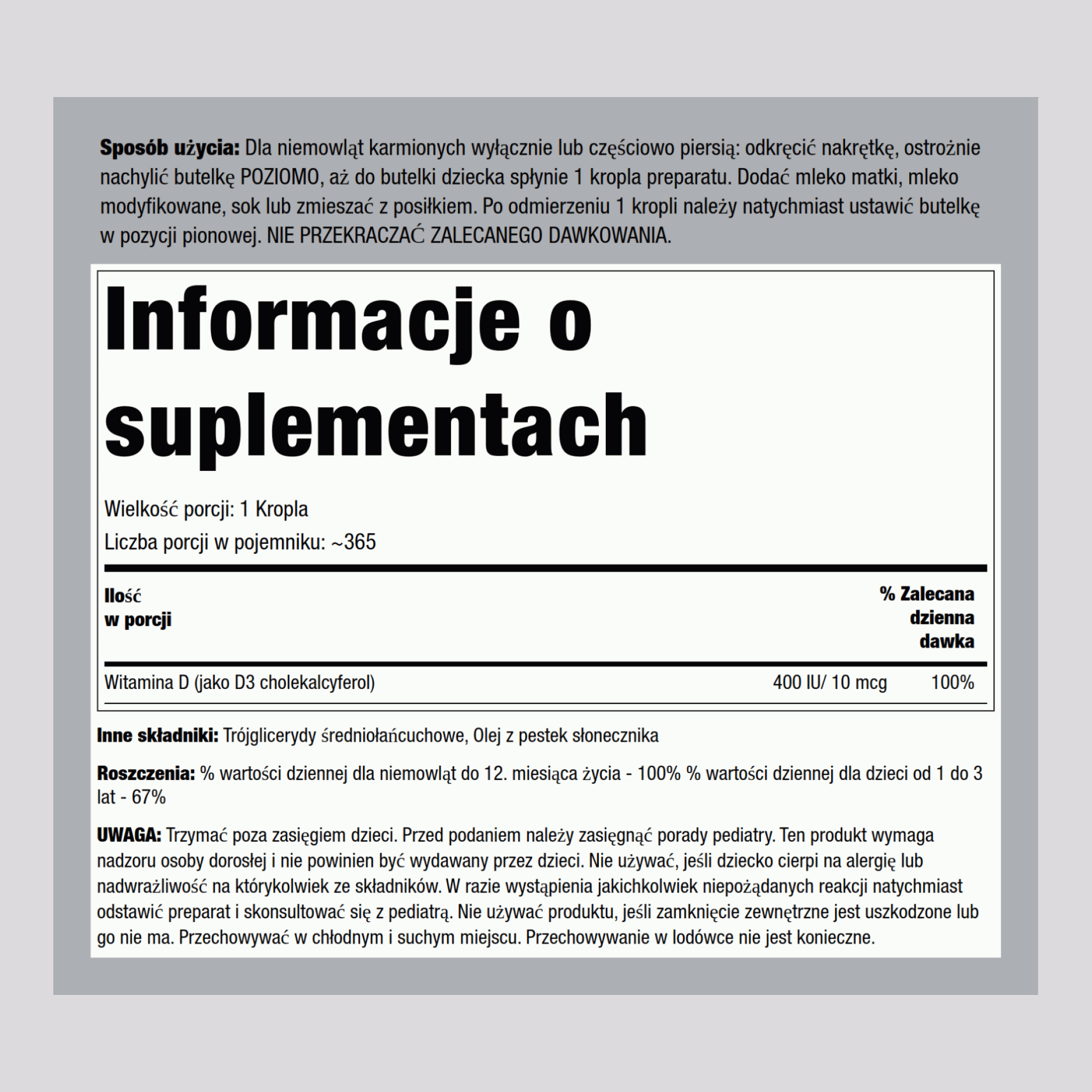 Gouttes pour bébé de vitamine liquide D3 - 400 UI 365 doses,  9.2 ml 0.31 onces liquides Compte-gouttes en verre 2 Compte-gouttes en verre