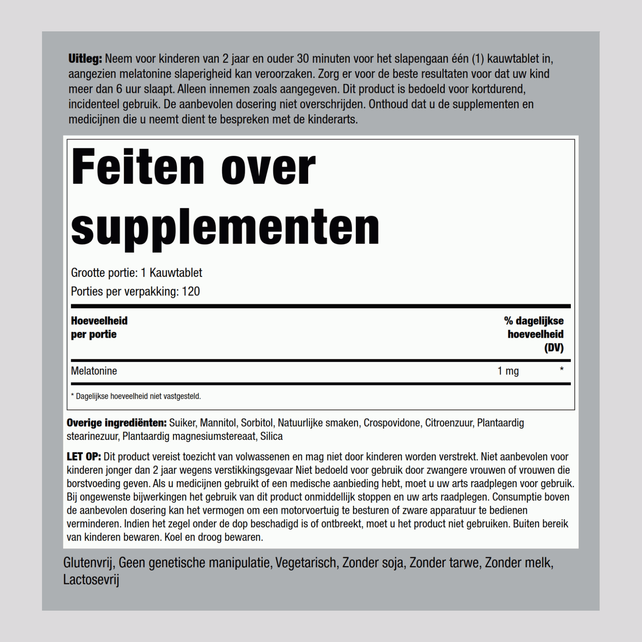 Kauwbare melatonine voor kinderen 1 mg 120 Kauwtabletten 2 Flessen  