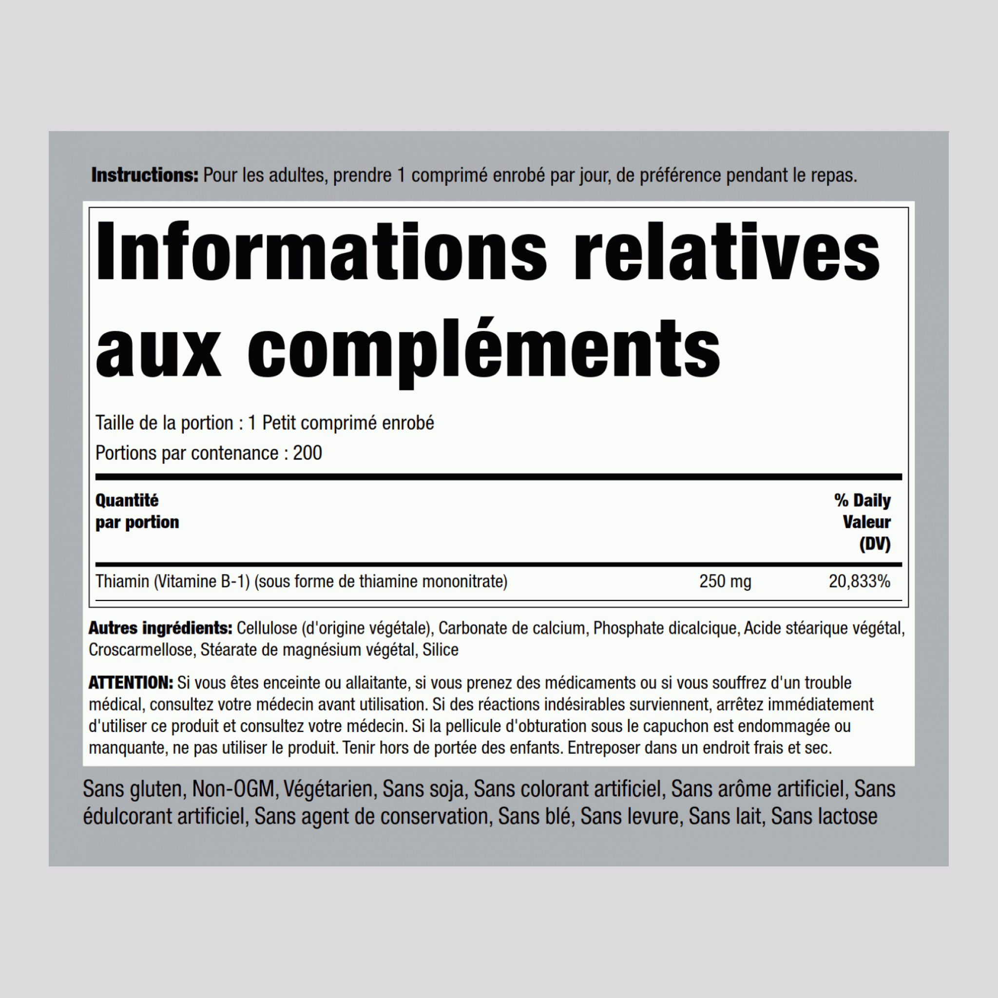 B-1 (Thiamine) 250 mg 200 Petits comprimés enrobés 2 Bouteilles  