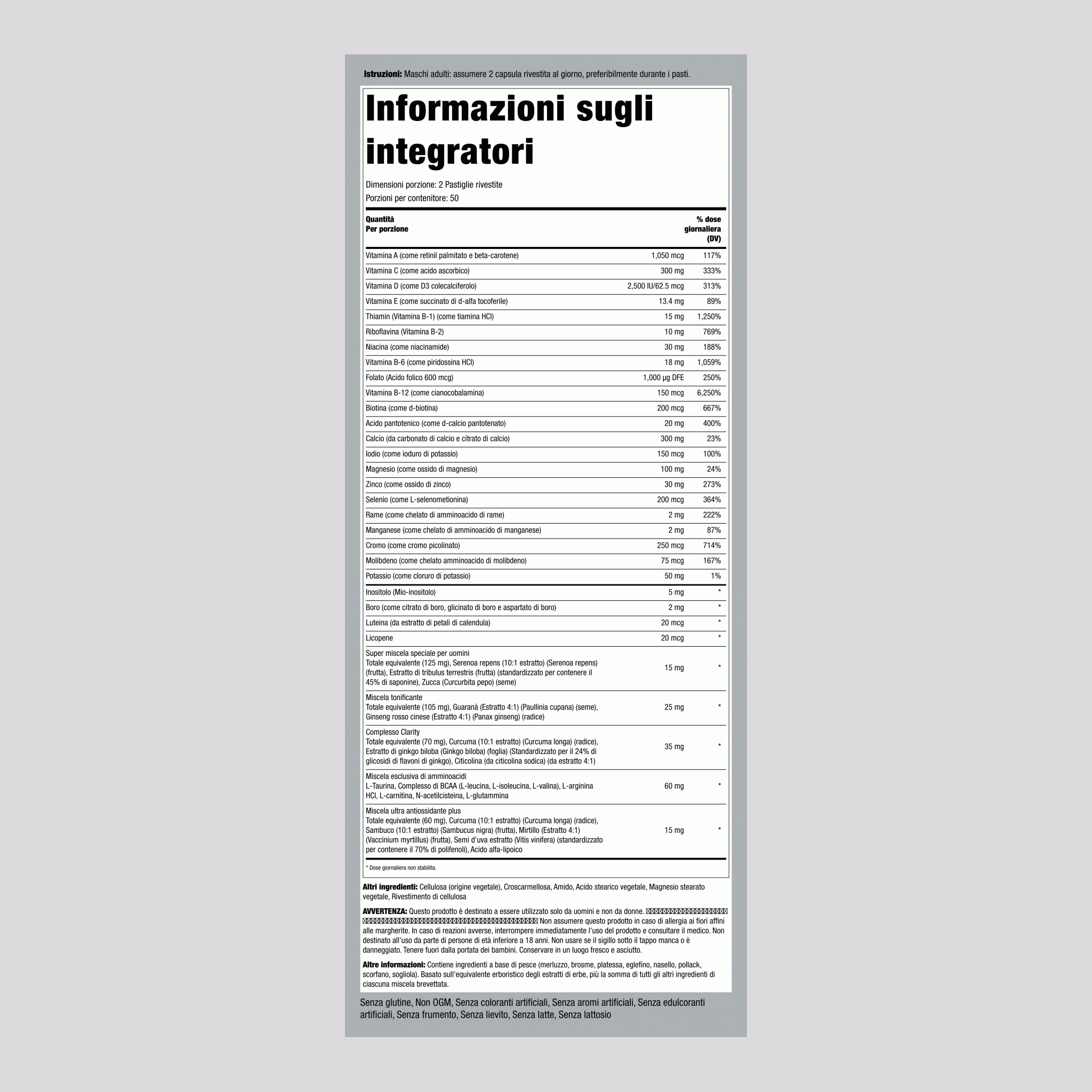 Mega multivitamine per uomo oltre i 50 anni,  200 Pastiglie rivestite 2 Bottiglie