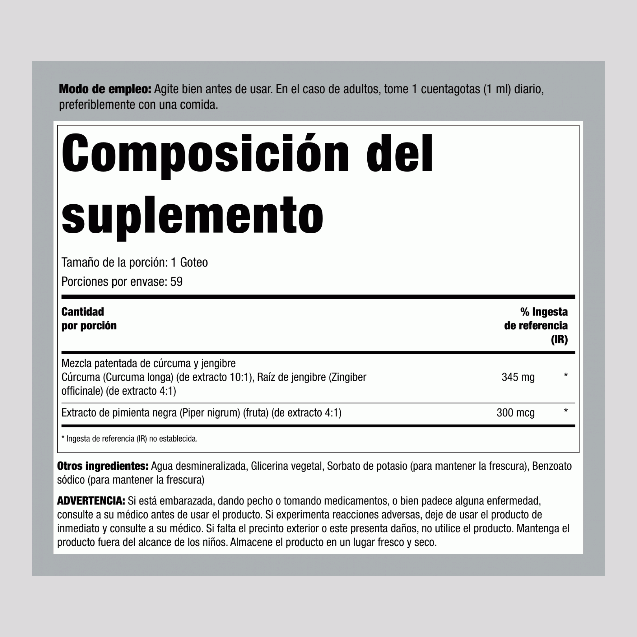 Cúrcuma líquida y jengibre 2 fl oz (59 mL) Frasco con dosificador 2 Frascos con dosificador     