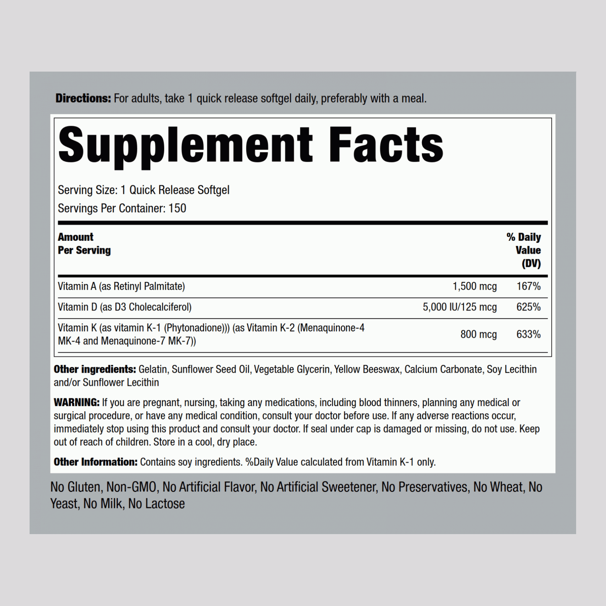 Vitamins A (1500 mcg) D (5000 IU) & K (800 mcg), 150 Quick Release Softgels