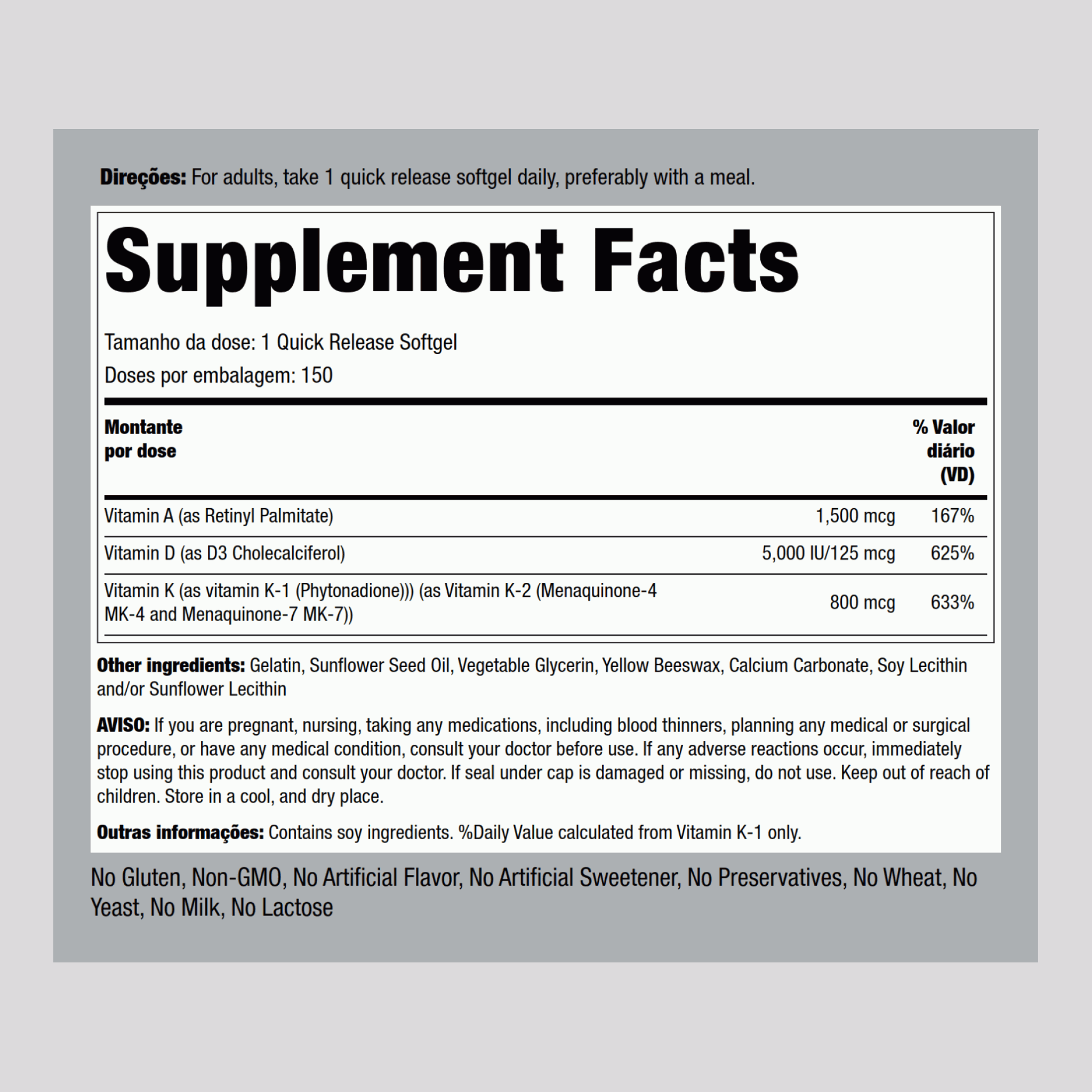 Vitaminas A (1500 mcg) D (5000 IU) & K (800 mcg) 150 Gels de Rápida Absorção 2 Frascos    