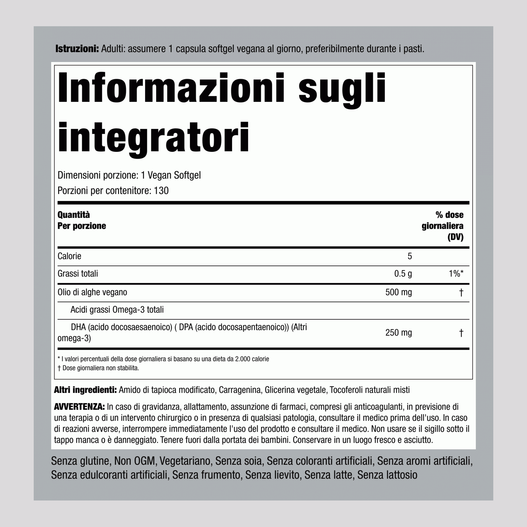 Olio di Alga Omega-3 Vegano, 500 mg, 130 Capsule Vegetali
