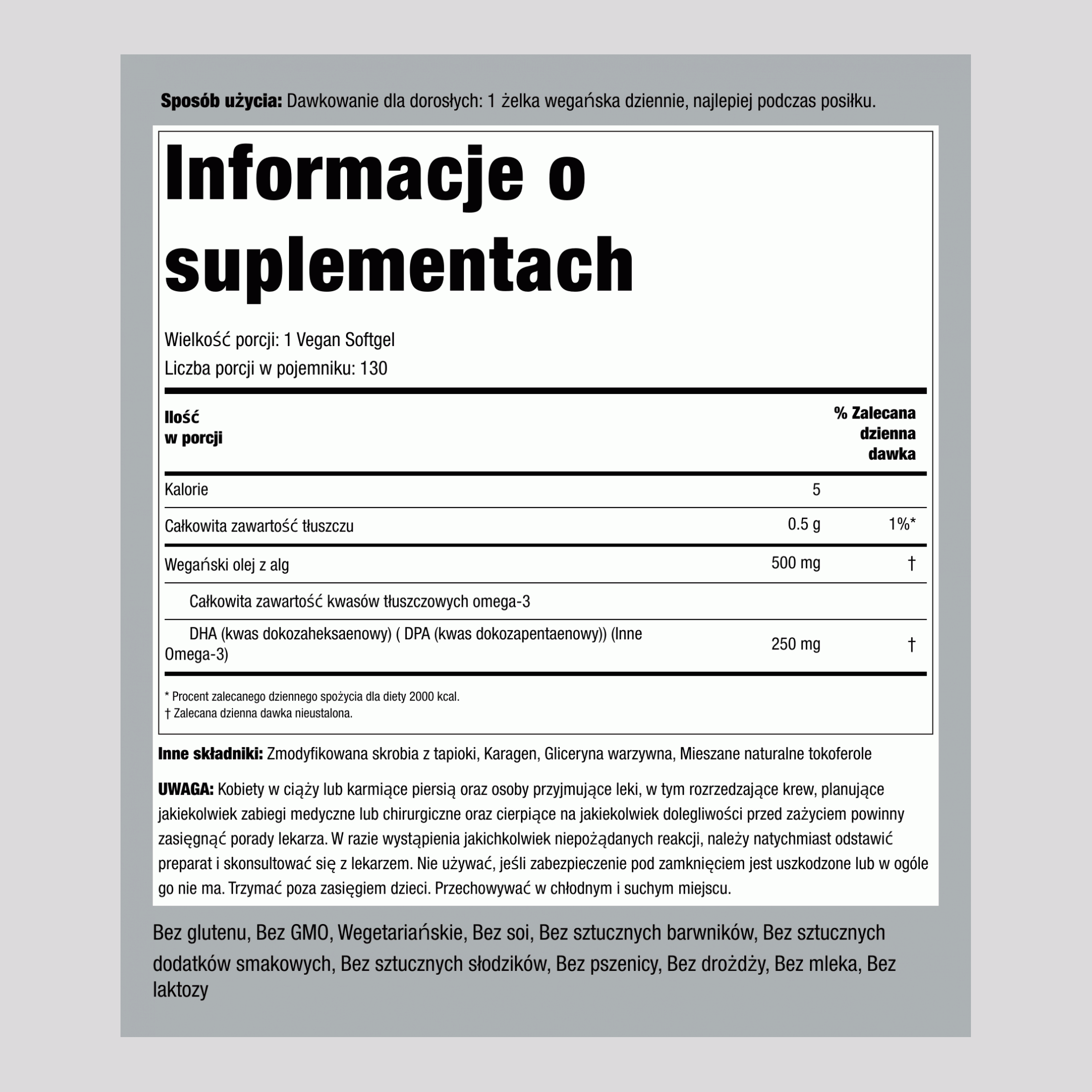 Omega-3 Olej z Algi Wegański, 500 mg, 130 Kapsułek Roślinnych